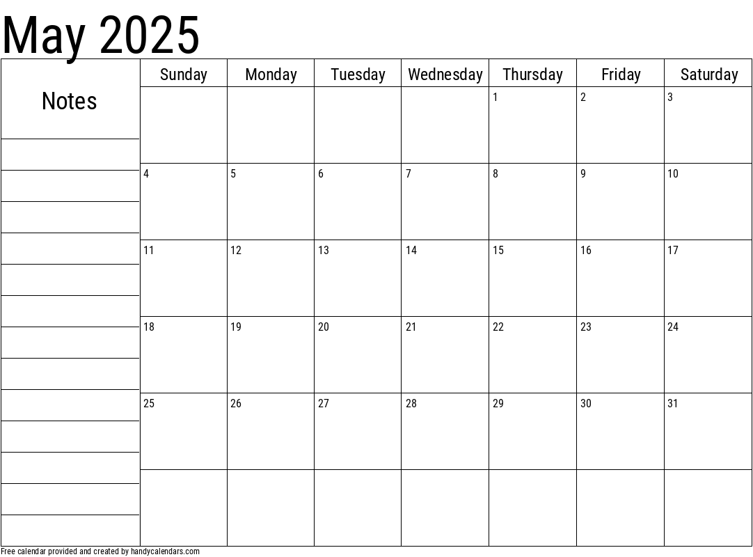 May 2025 Calendar With Notes Handy Calendars