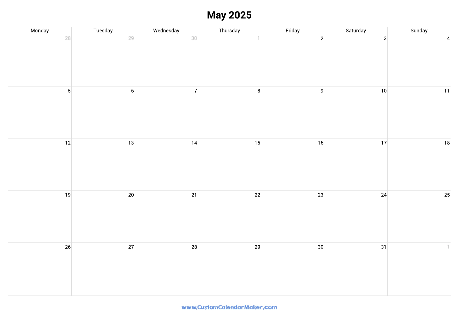 May 2025 Monday Start Calendar Monday To Sunday Custom Calendar Maker May 2025 Monday Start Calendar Monday To Sunday Custom Calendar Maker