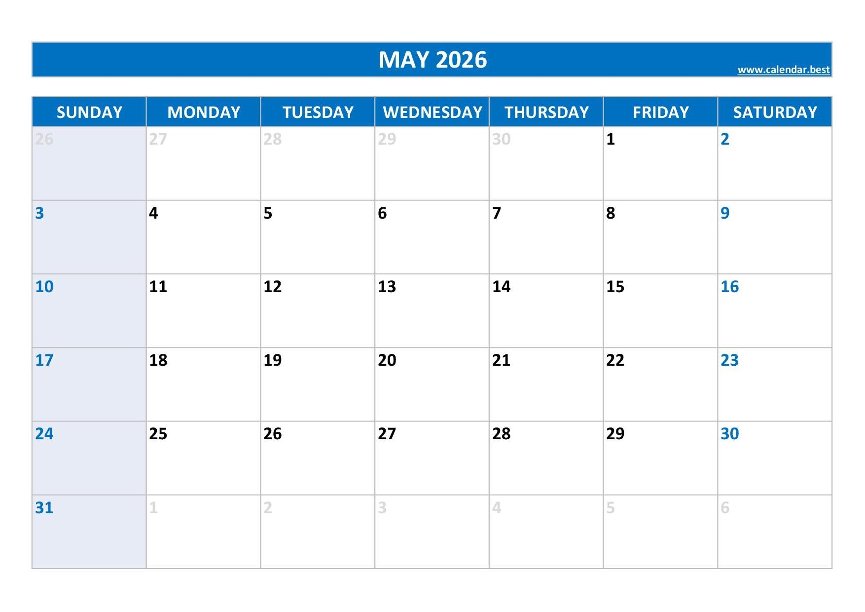 May 2026 Blank Printable Calendar