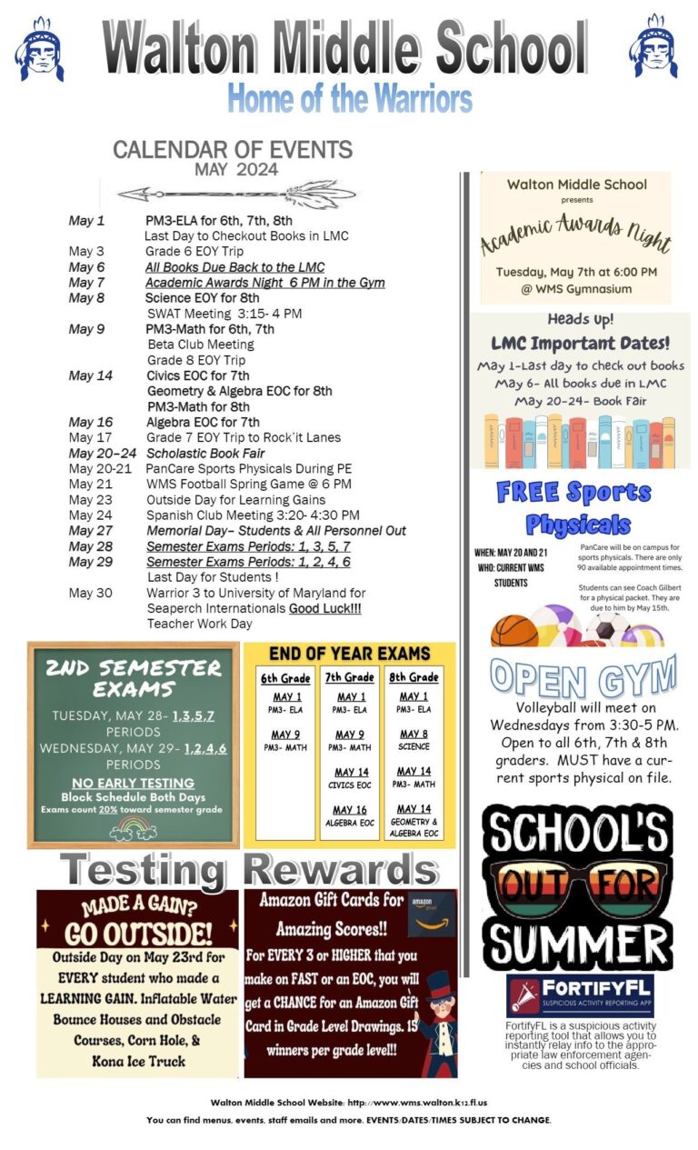 May Calendar Of Events Walton Middle School