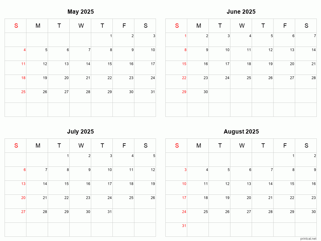 May to August 2025 Calendar