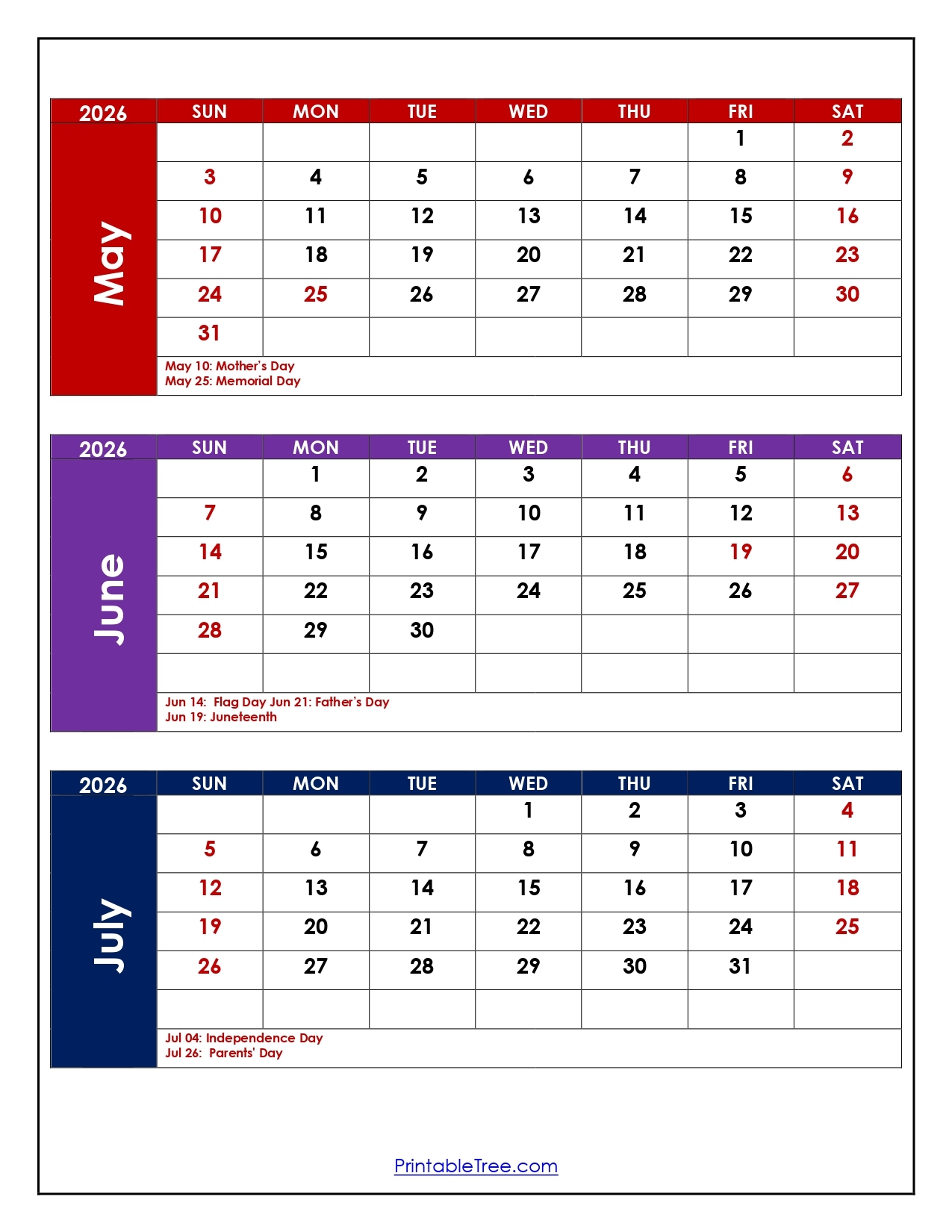 May To July 2026 Calendar Printable Three Month Calendar
