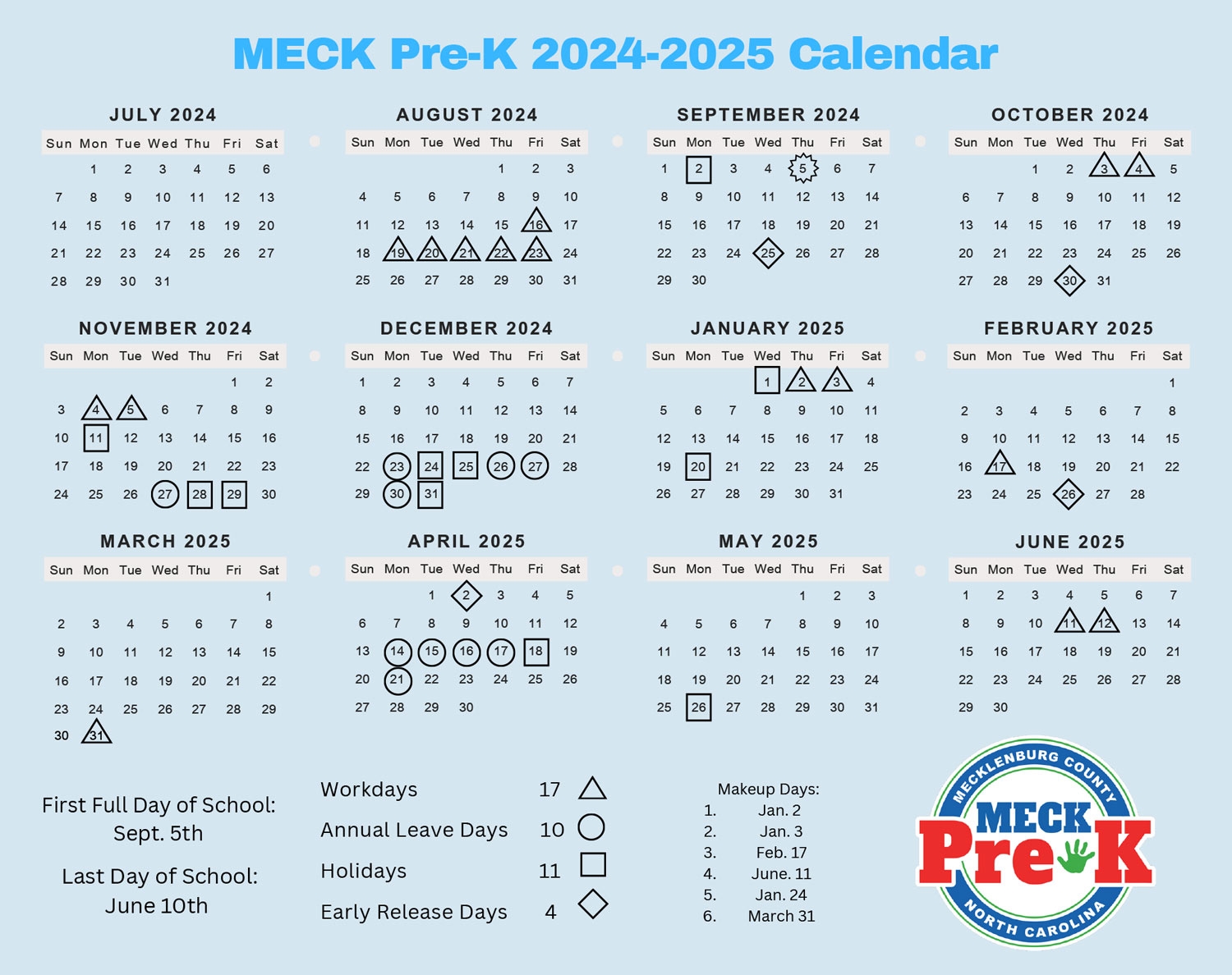 MECK Pre K School Calendar