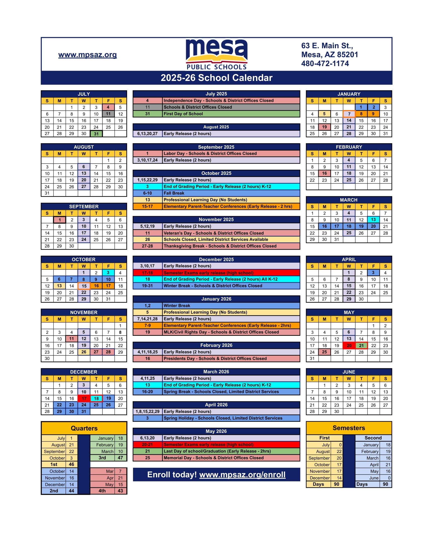 Mesa Public Schools AZ Calendar 25 26 Revised PDF EduCounty
