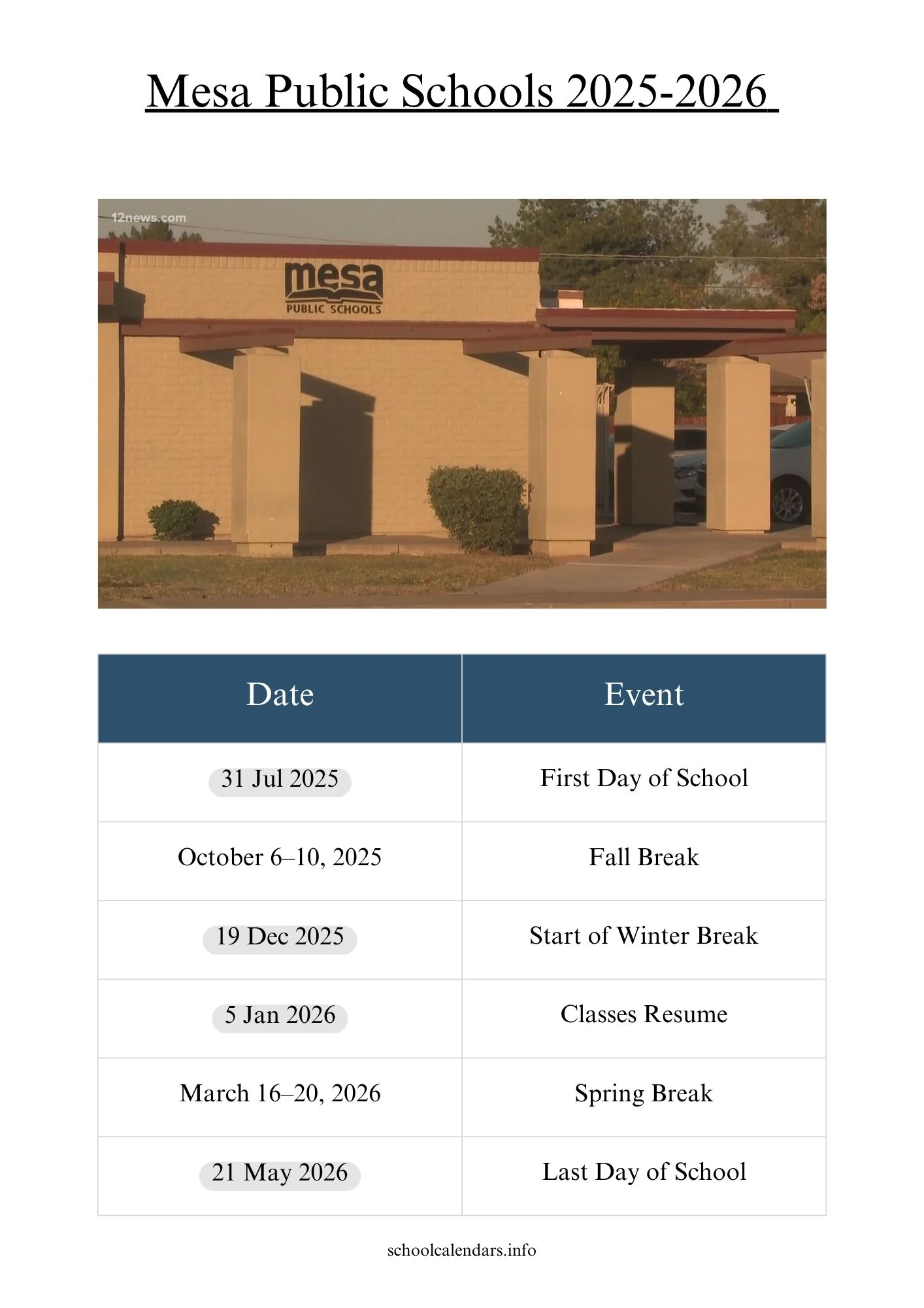 Mesa Public Schools Calendar 2025 2026 Holidays 