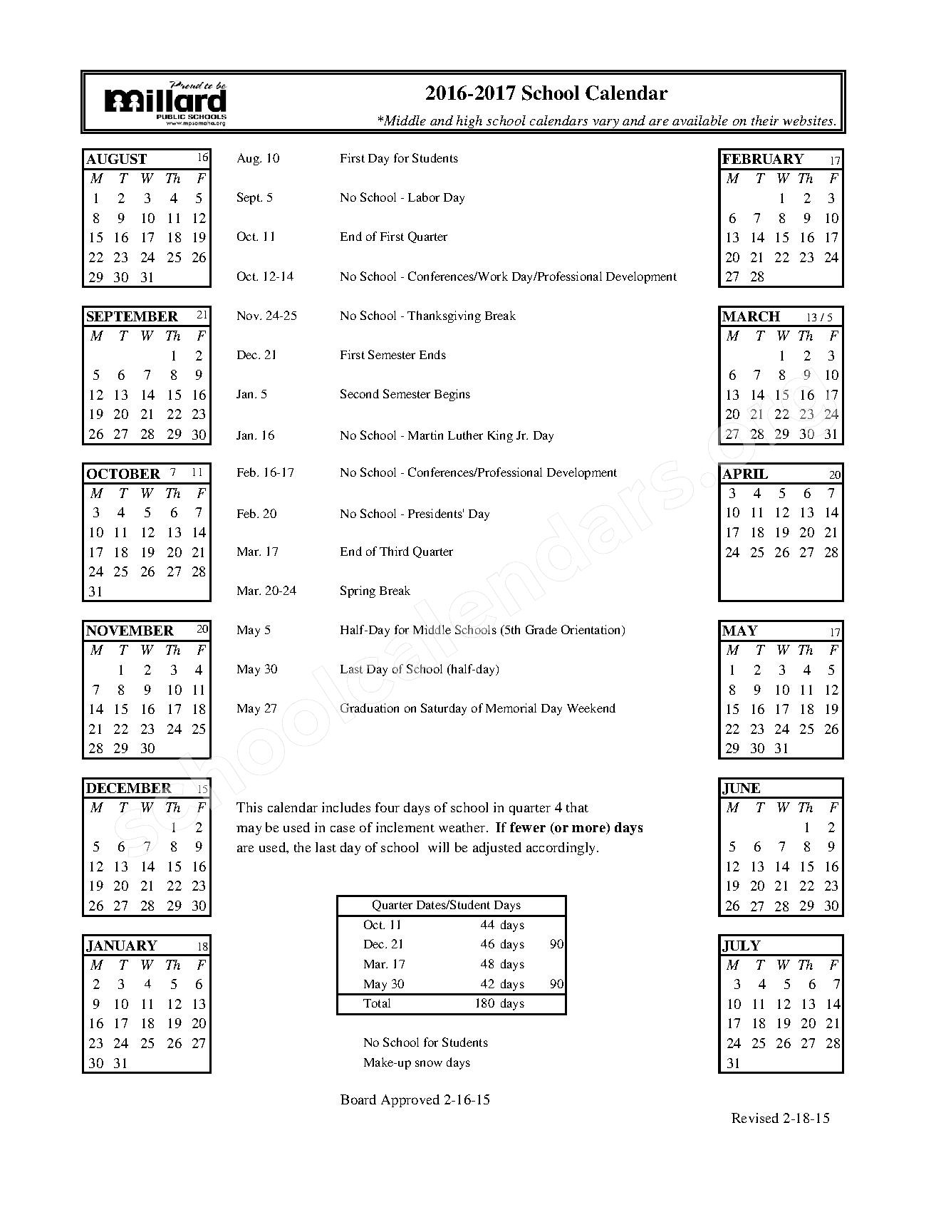 Millard Public Schools Calendars Omaha NE