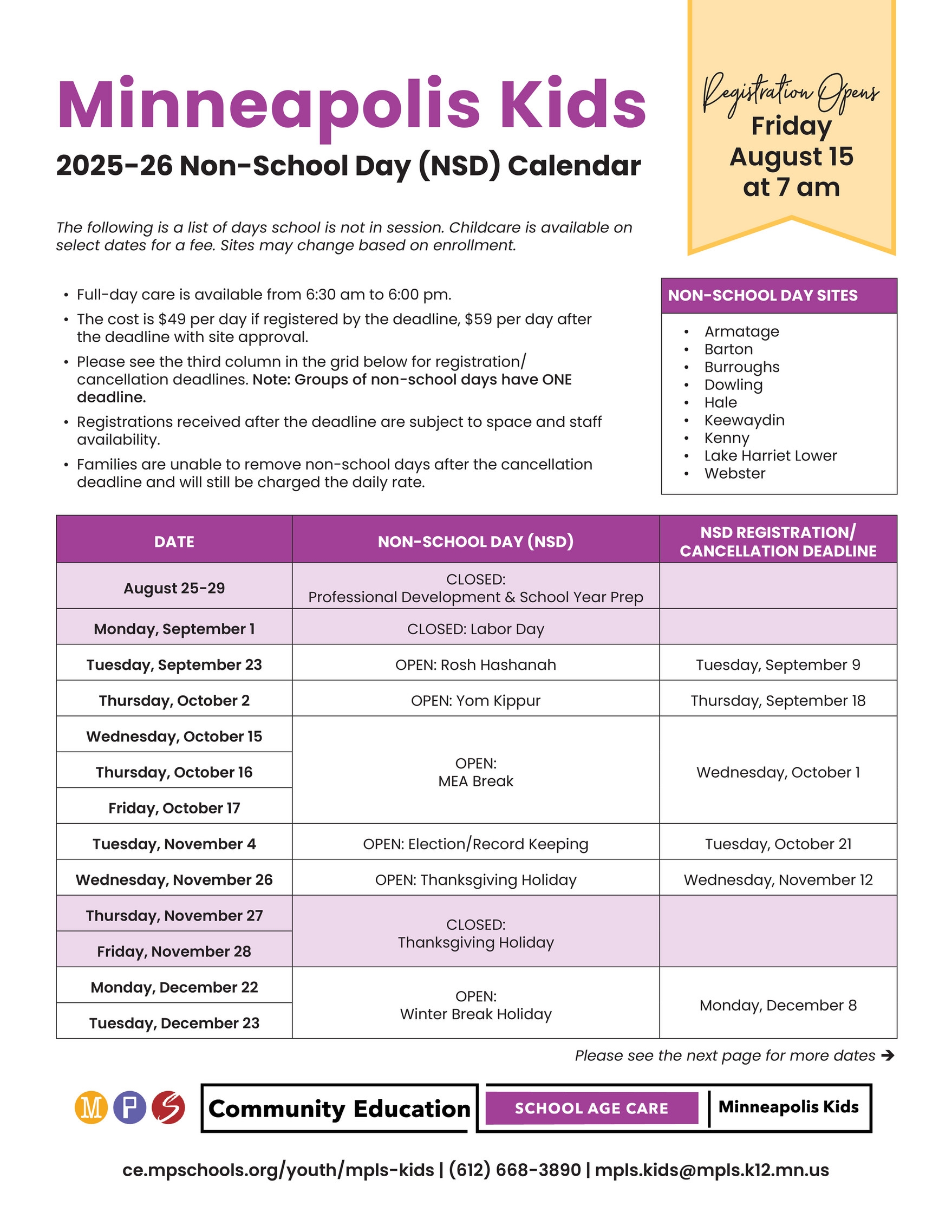 Minneapolis Public Schools Minneapolis Kids Non School Day Schedule 2025 26 Page 1