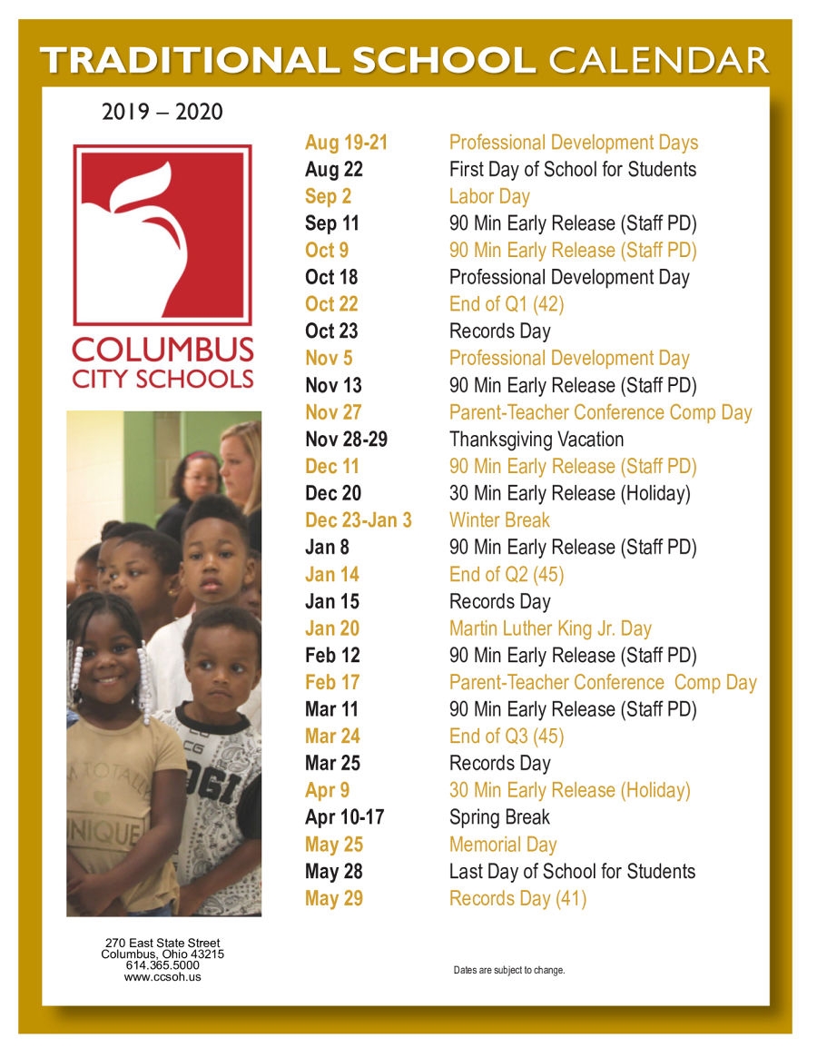 NEW CCS 2019 2020 TRADITIONAL SCHOOL CALENDAR