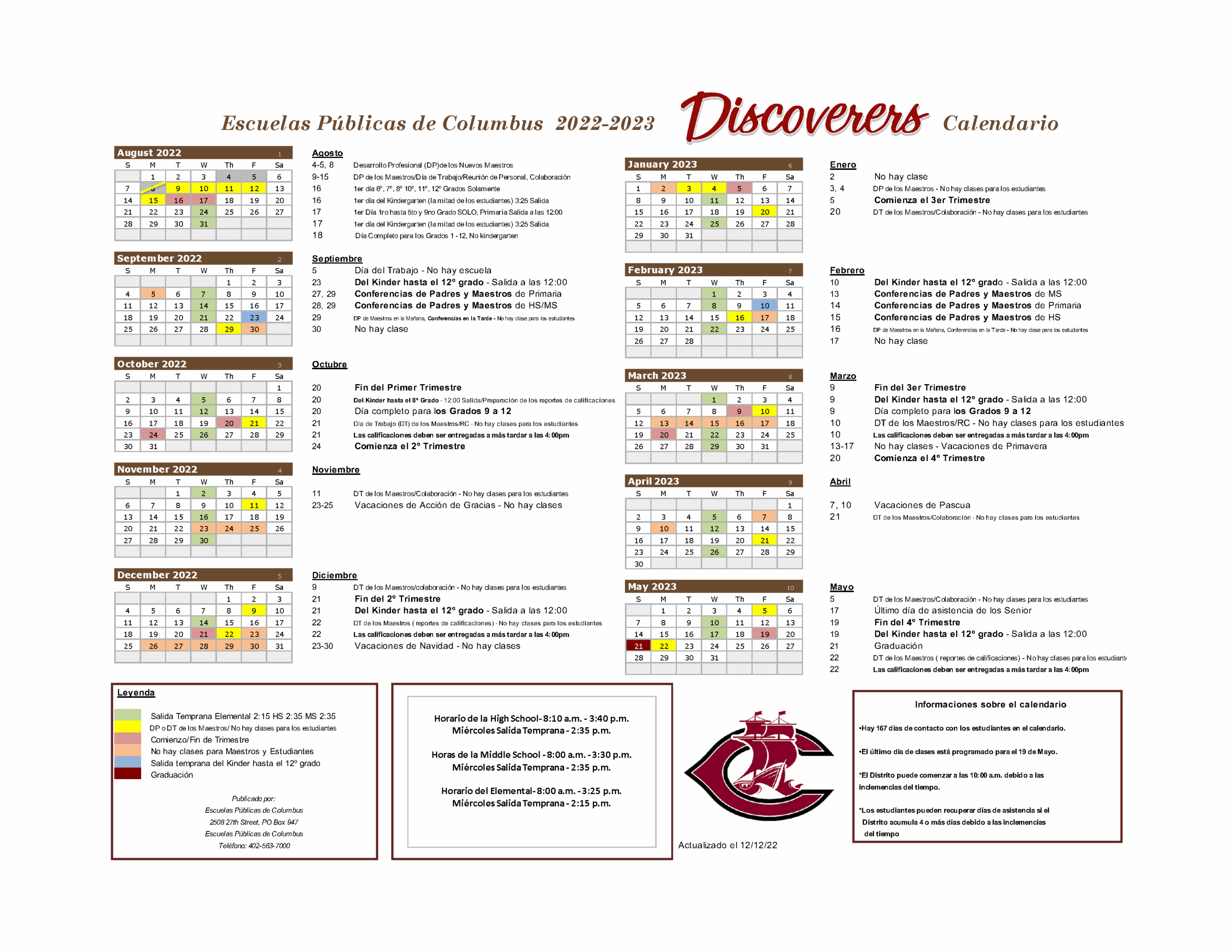 Notice 2022 2023 District Calendar Updates Columbus Public Schools