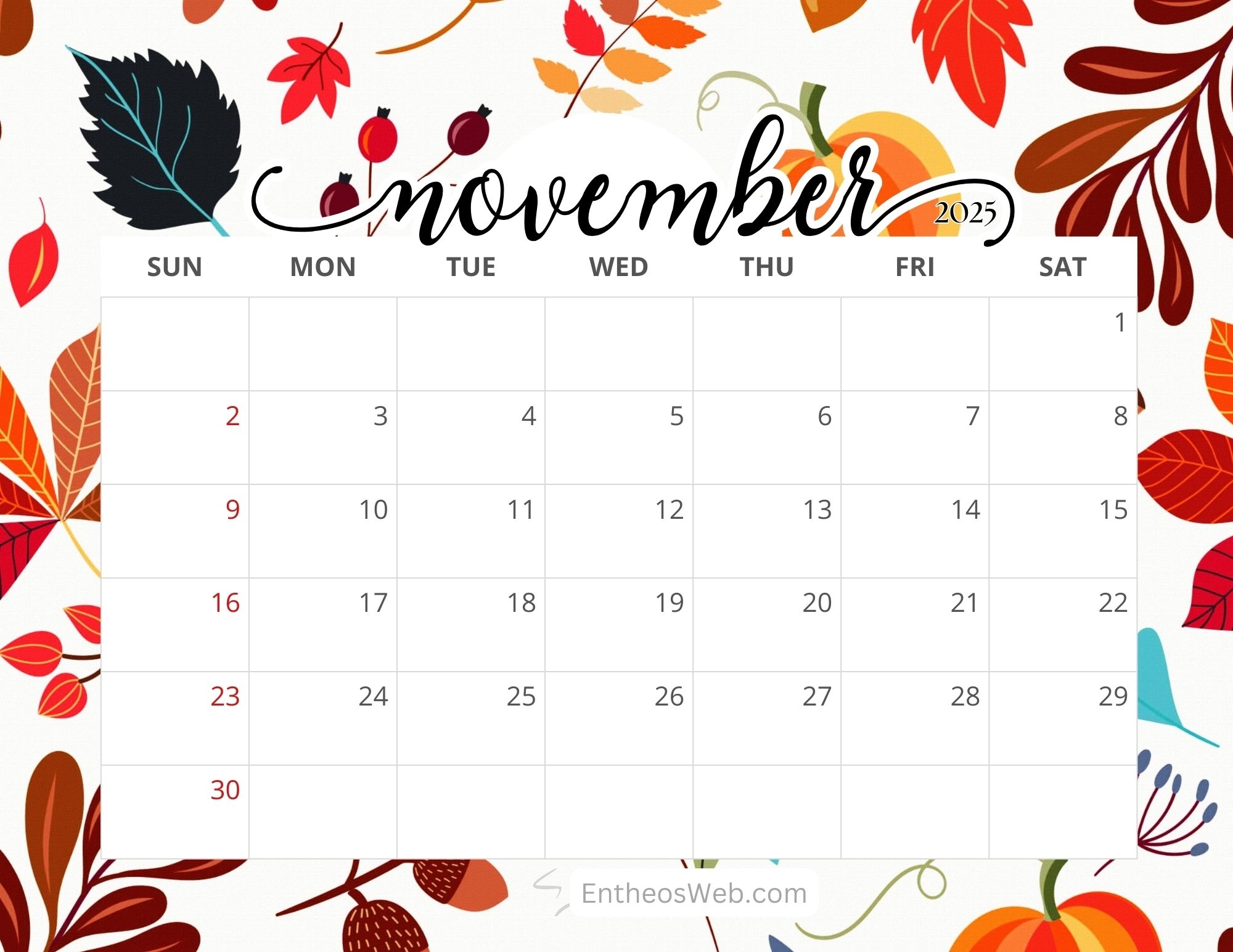 November 2025 calendar printable
