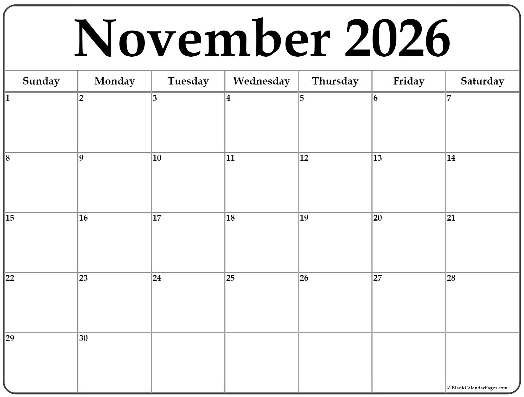 November 2026 Calendar Large Number