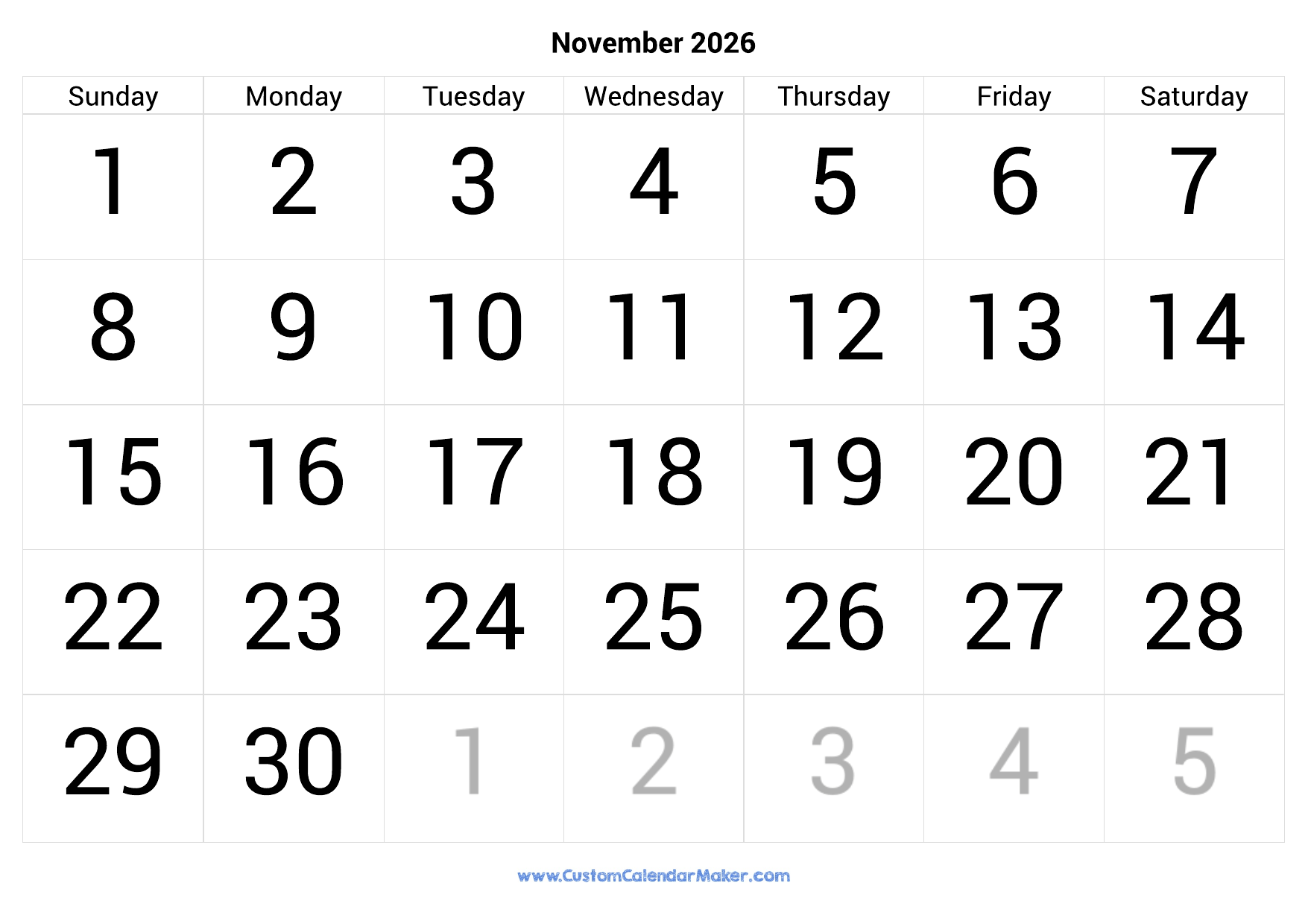 November 2026 Calendar Printable With Large Numbers Custom Calendar Maker