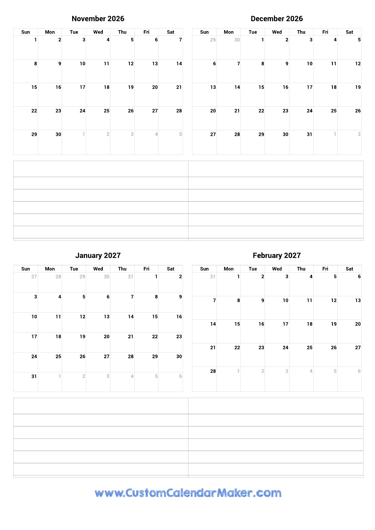 November 2026 To February 2027 Printable Calendar Custom Calendar Maker