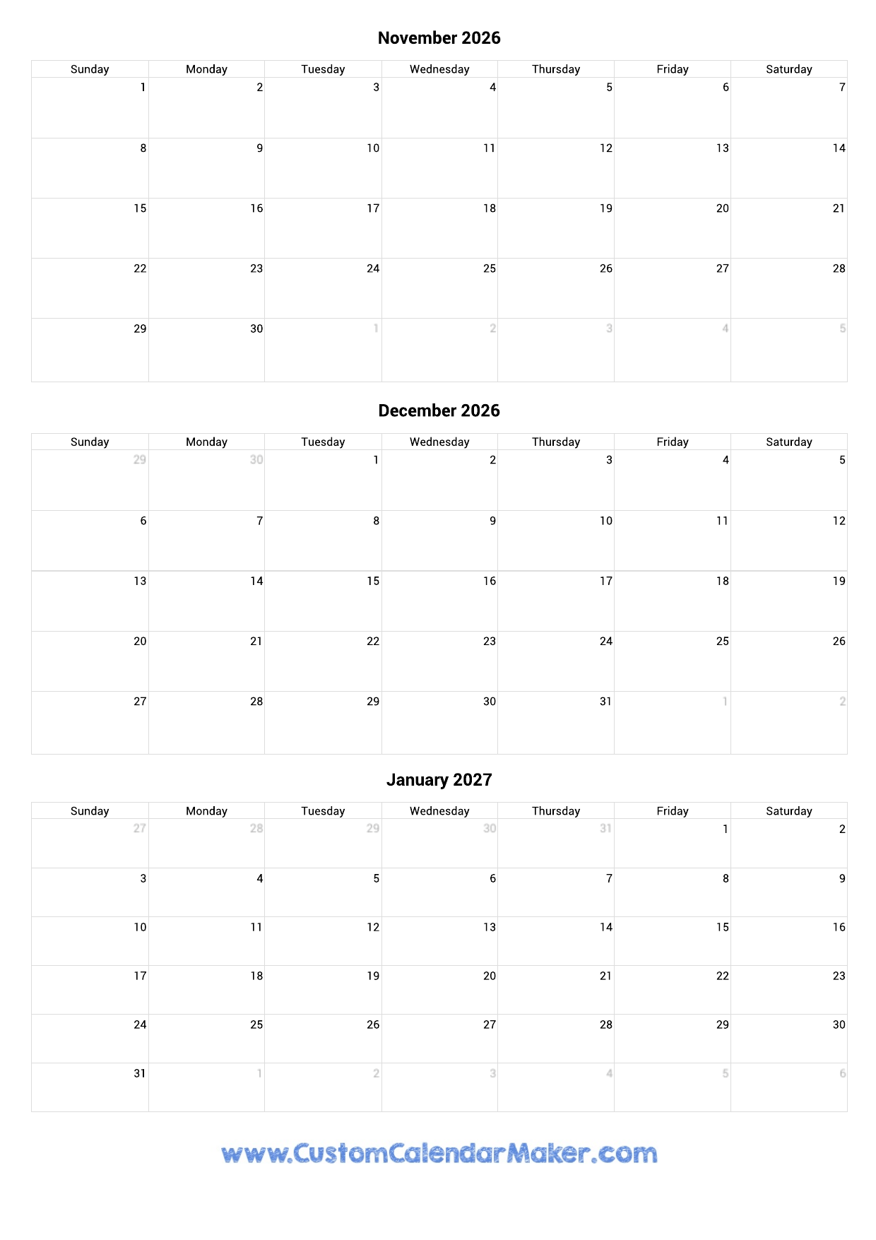 November 2026 To January 2027 Calendar Printable Custom Calendar Maker November 2026 To January 2027 Calendar Printable Custom Calendar Maker