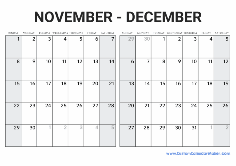 November And December 2026 Calendar Custom Calendar Maker