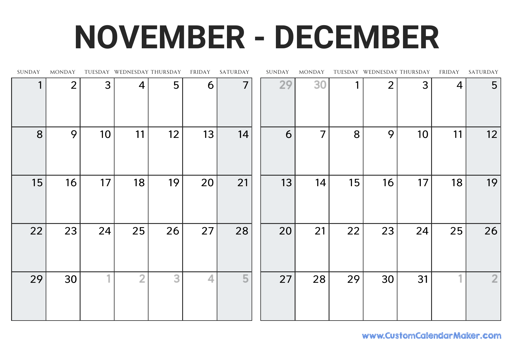 November And December 2026 Calendar Custom Calendar Maker