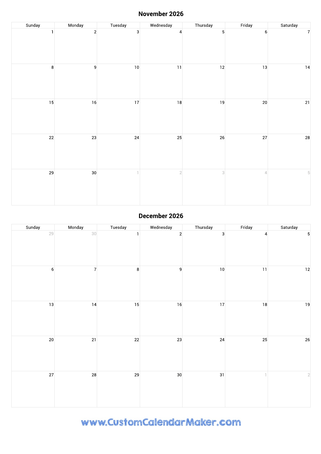 November And December 2026 Calendar Custom Calendar Maker