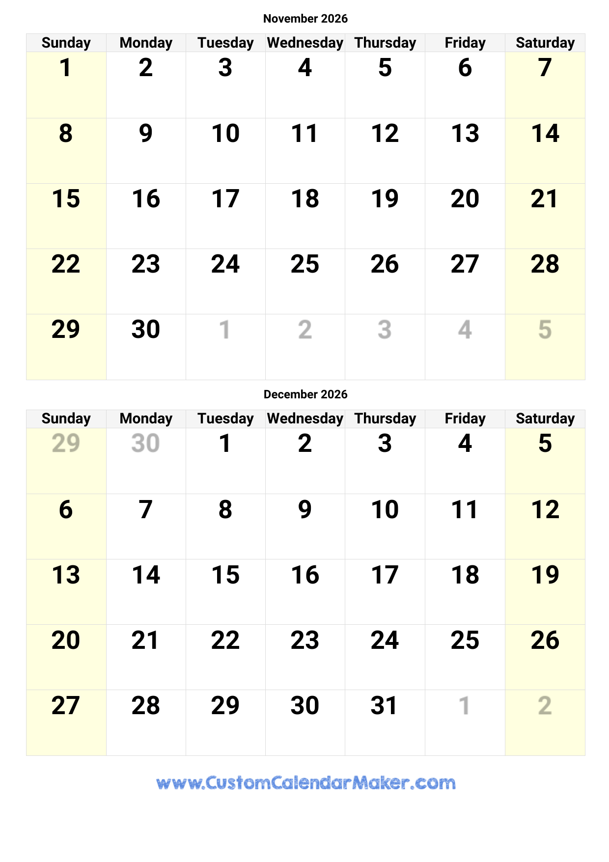 november and december 2026 calendar printable
