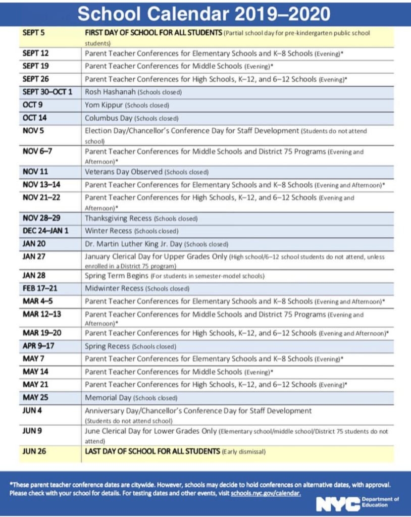 NYC Public School Calendar For School Year 2019 2020 Brooklyn Bridge Parents News And Events For Brooklyn Families