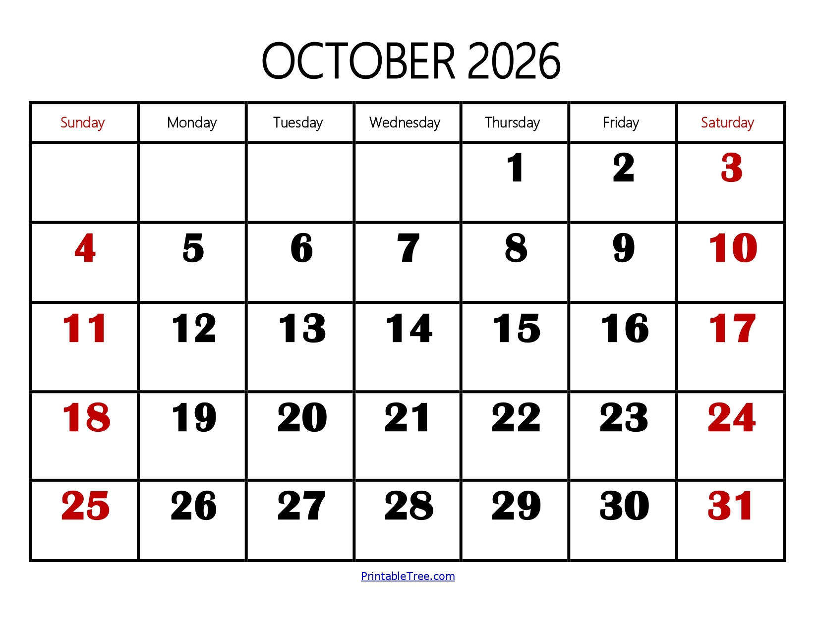October 2026 Calendar Printable PDF Templates Free Download