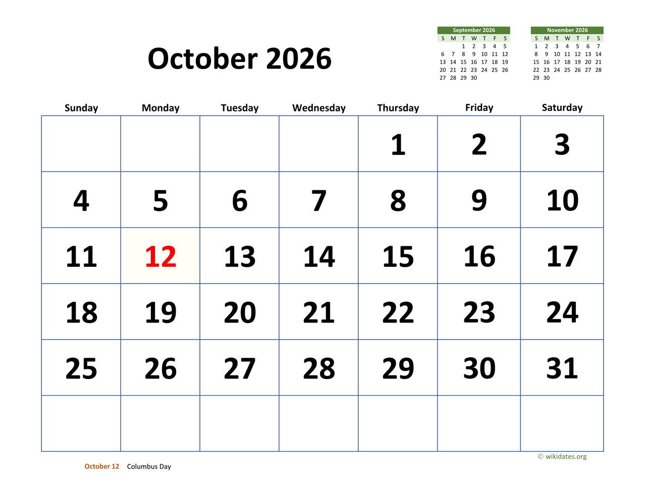 October 2026 Calendar With Extra large Dates WikiDates October 2026 Calendar With Extra large Dates WikiDates