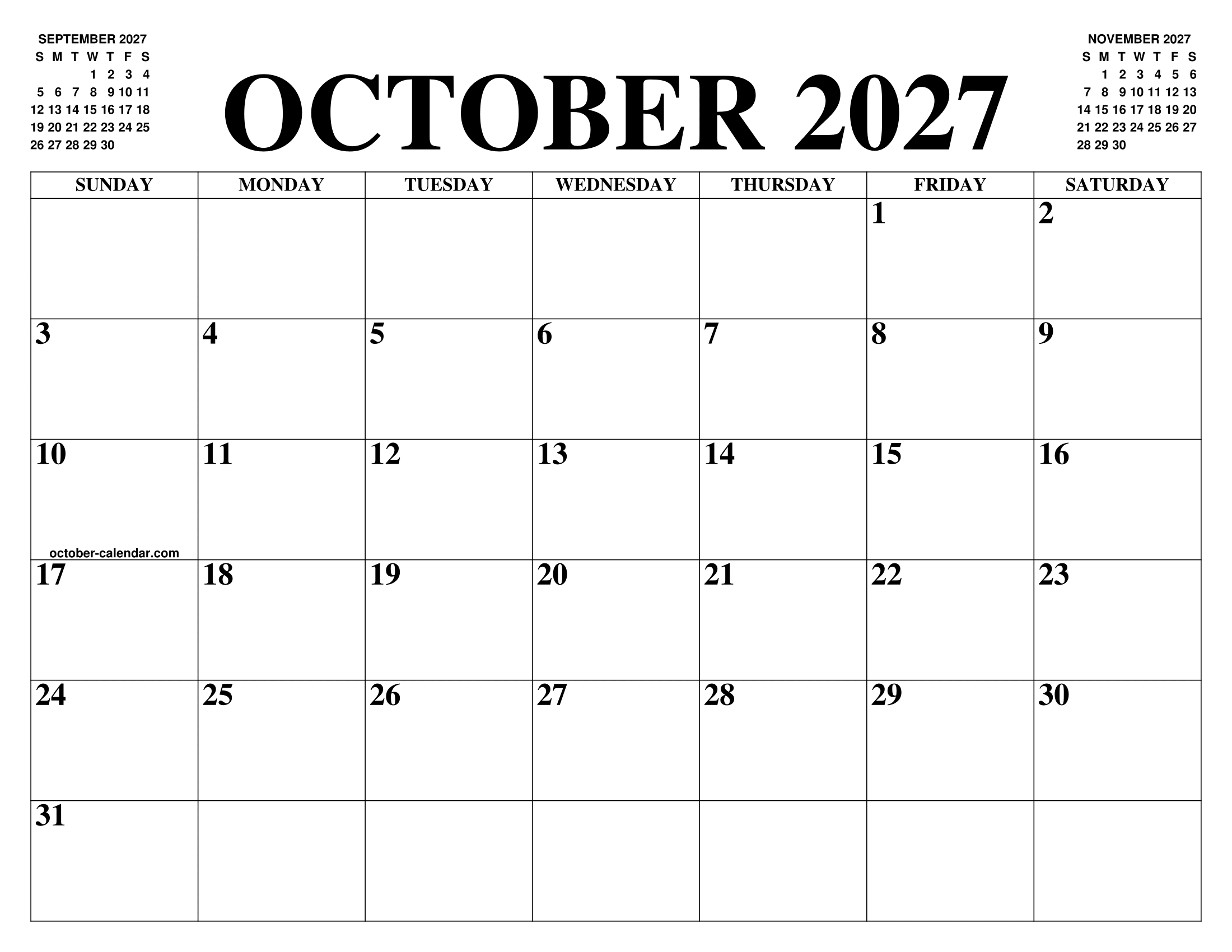 OCTOBER 2027 CALENDAR OF THE MONTH FREE PRINTABLE OCTOBER CALENDAR OF THE YEAR AGENDA