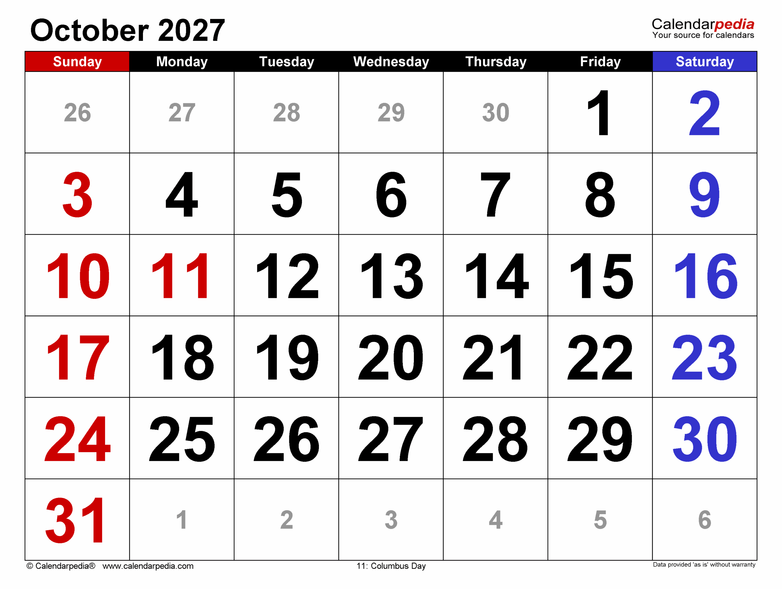 October 2027 Calendar Templates For PDF Excel And Word