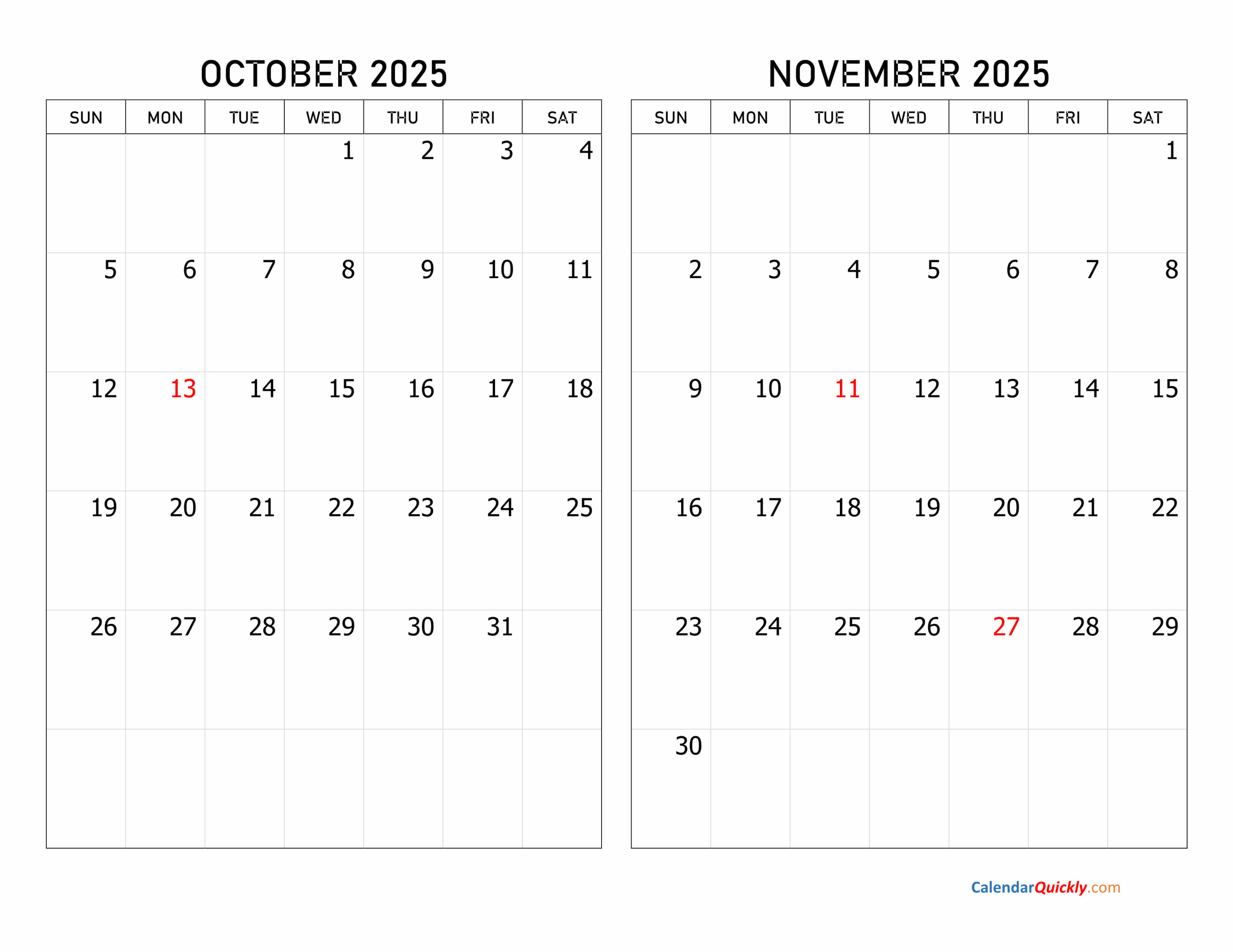 october and november 2025 calendar printable