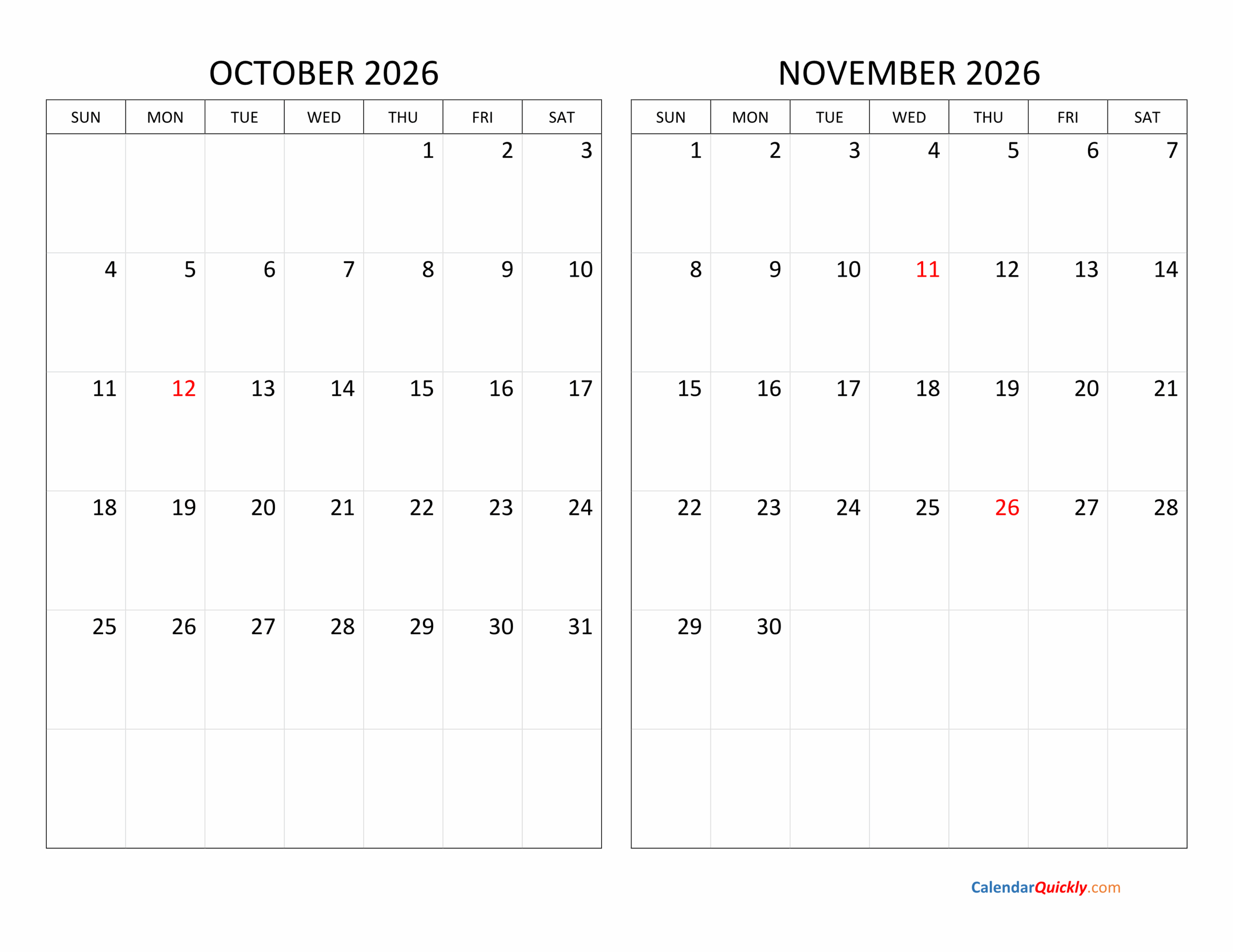 October And November 2026 Calendar Calendar Quickly