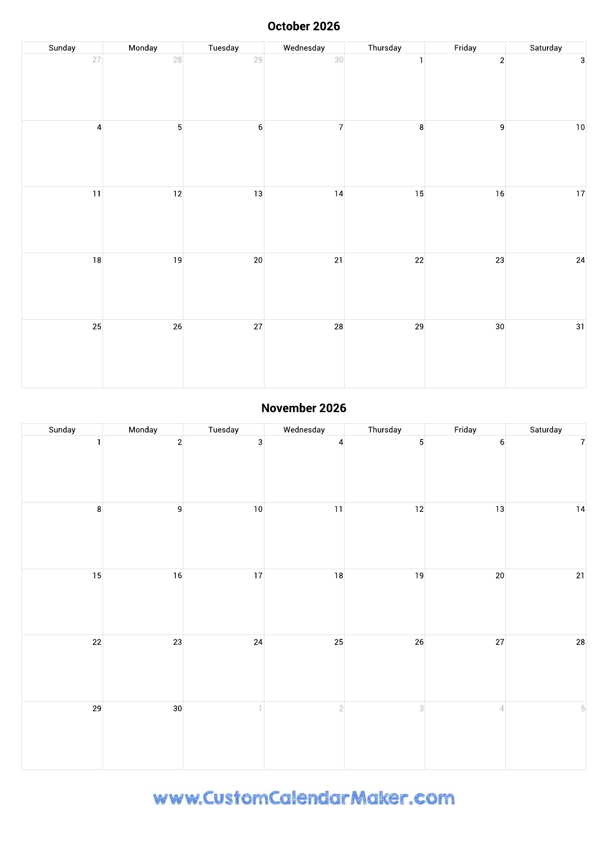 october and november 2026 calendar printable