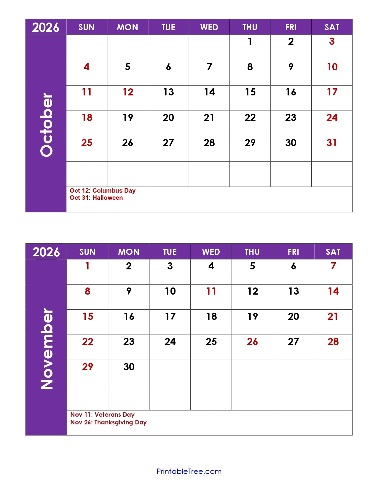 October And November 2026 Calendar Printable PDF 2 Month Calendar Template