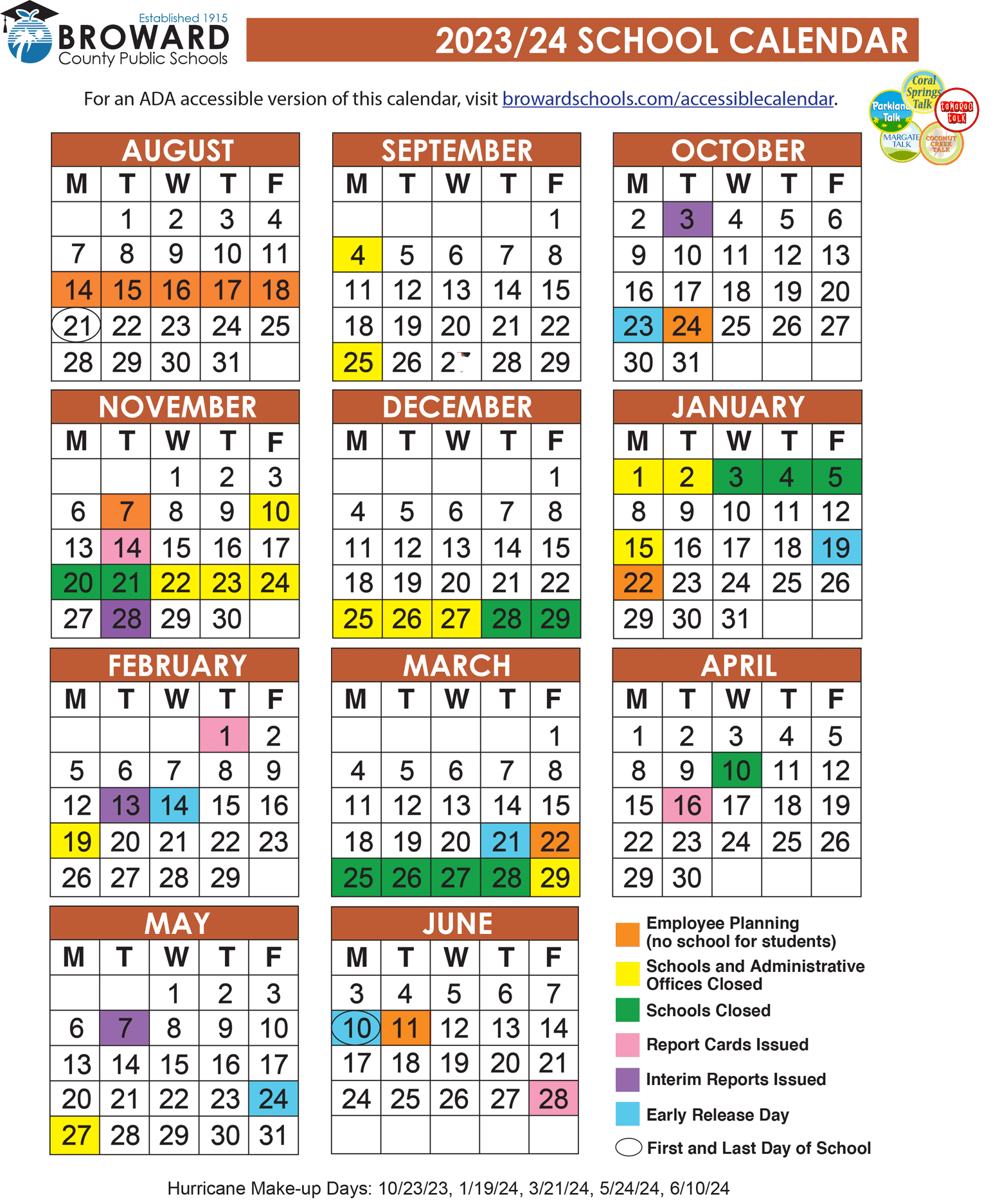 Official 2023 2024 Broward County Public Schools Color Calendar Parkland Talk