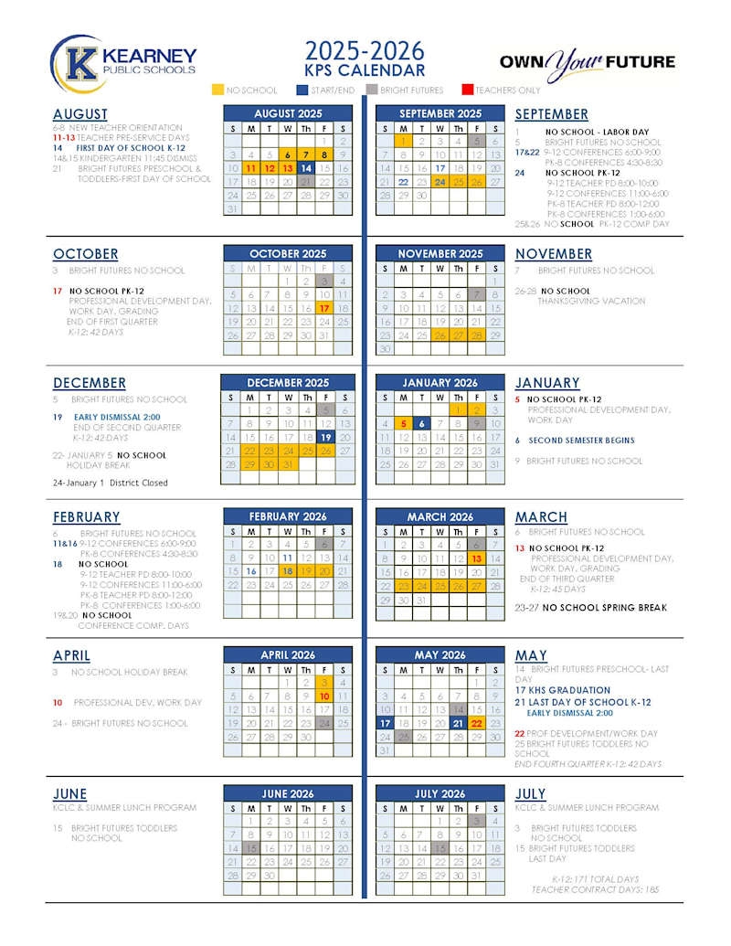 One Page Calendar Kearney Public Schools