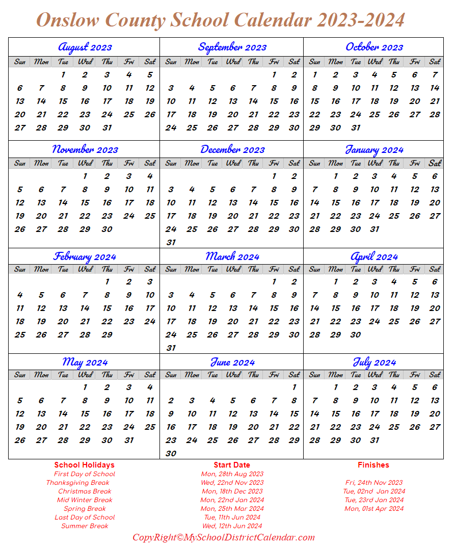 Onslow County School Calendar 2023 2024 With Holidays
