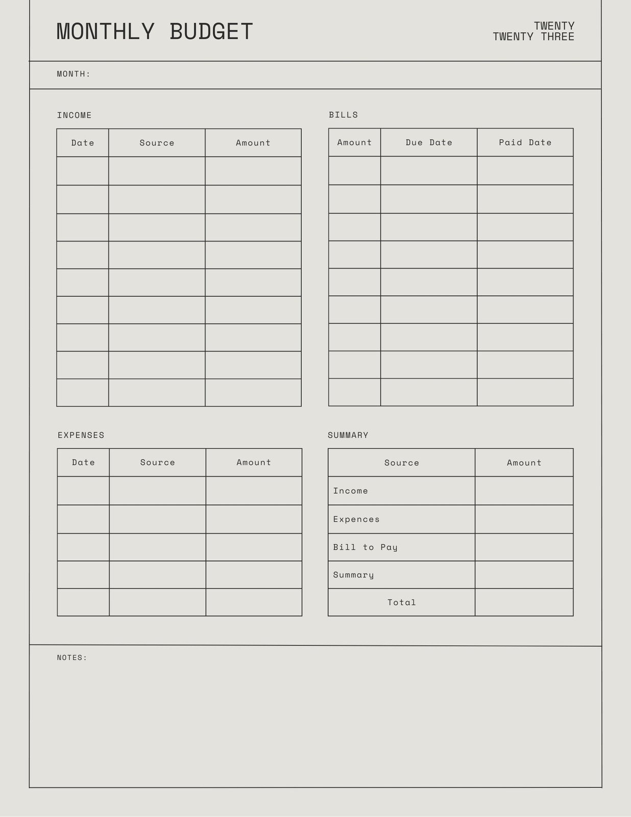 gray monthly budget planner template