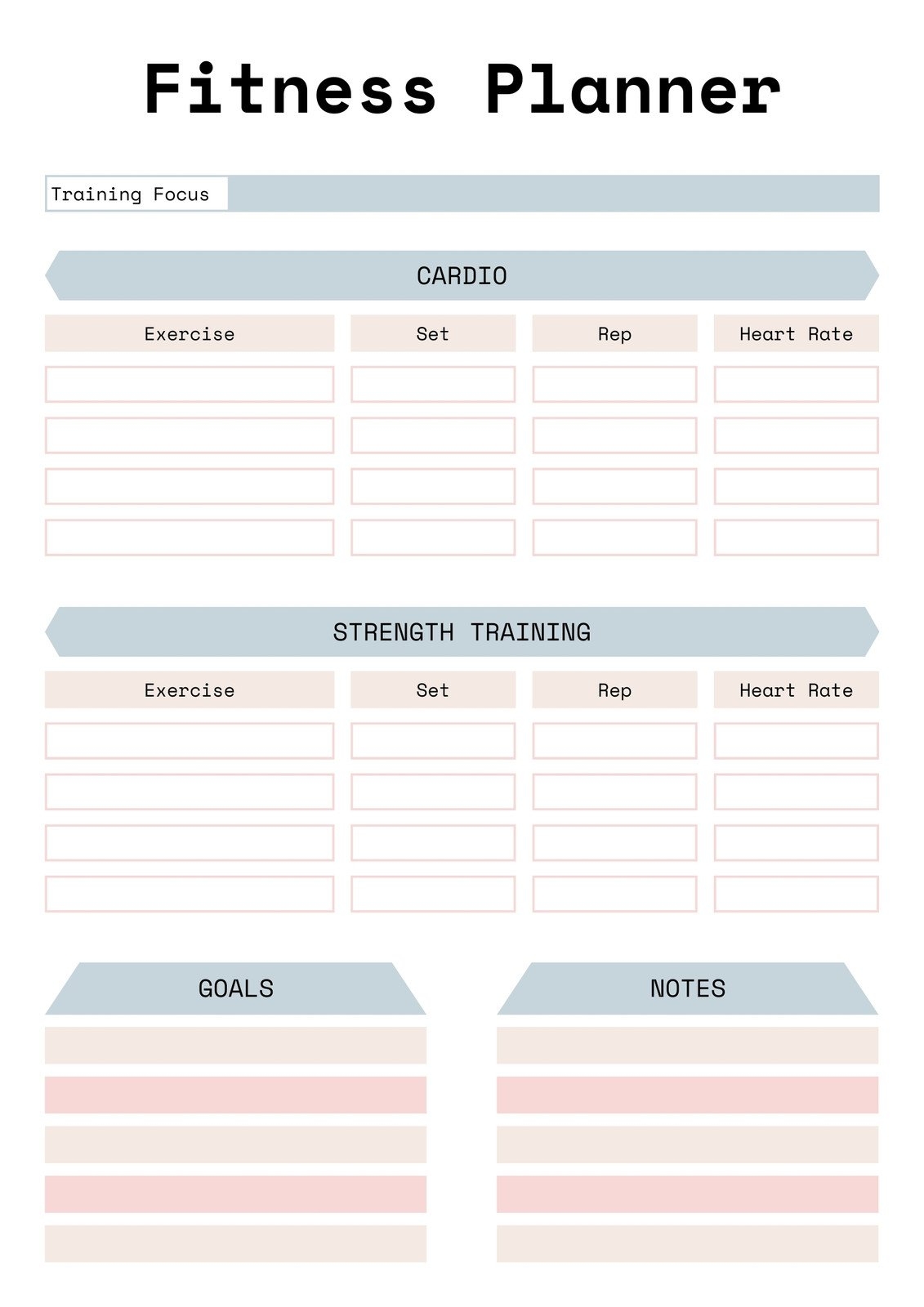 fitness workout planner template