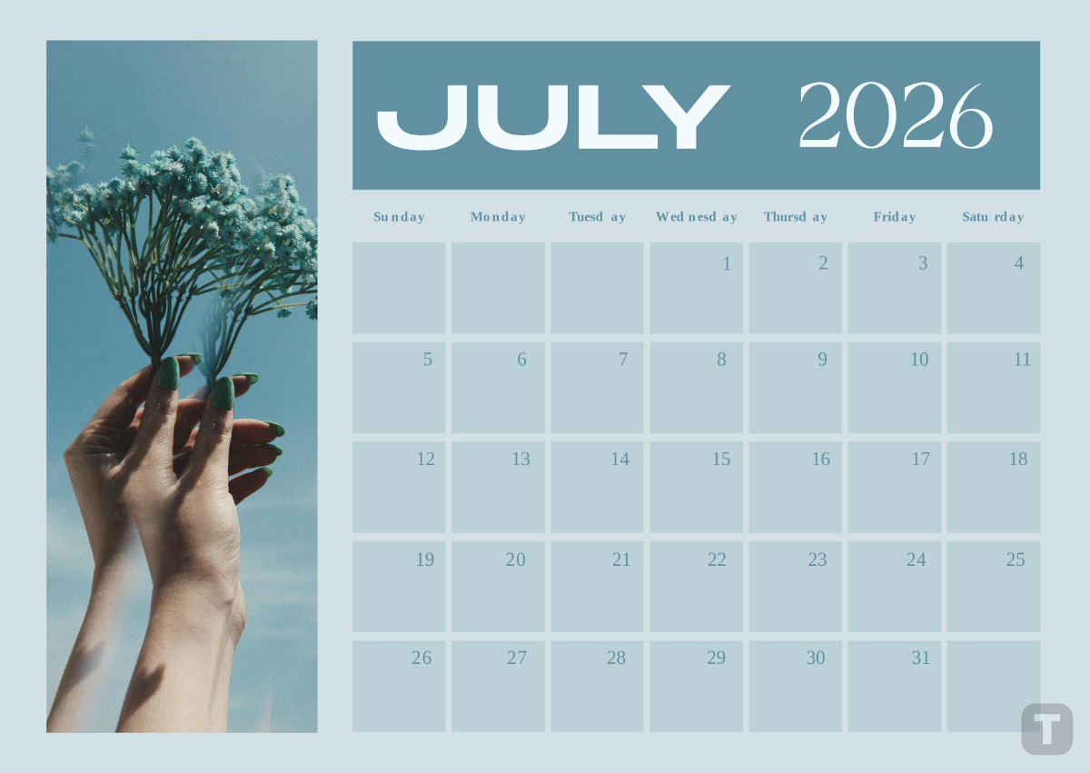 July 2026 Floral Calendar Printable