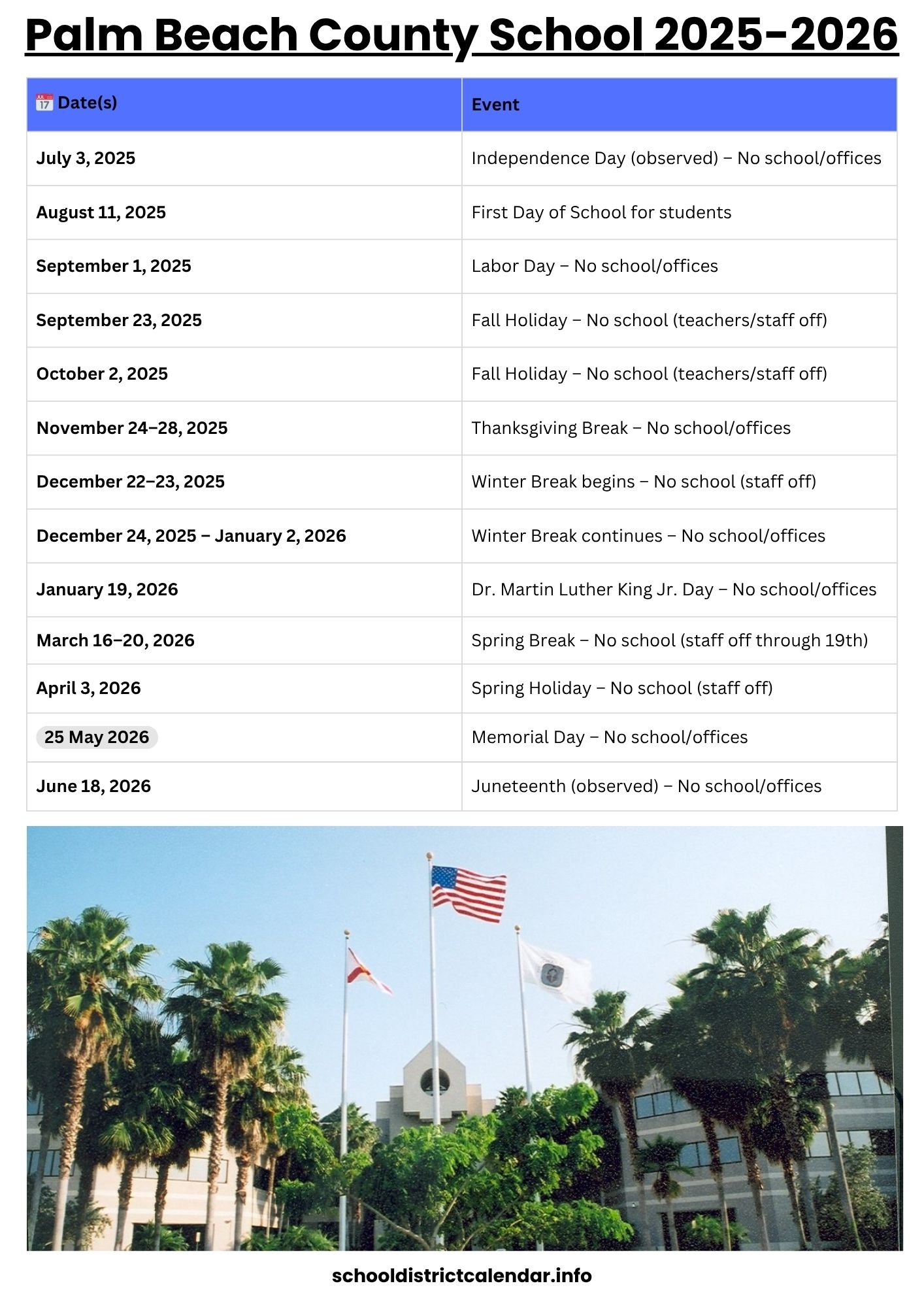 Palm beach county school calendar with holidays 2025 2026