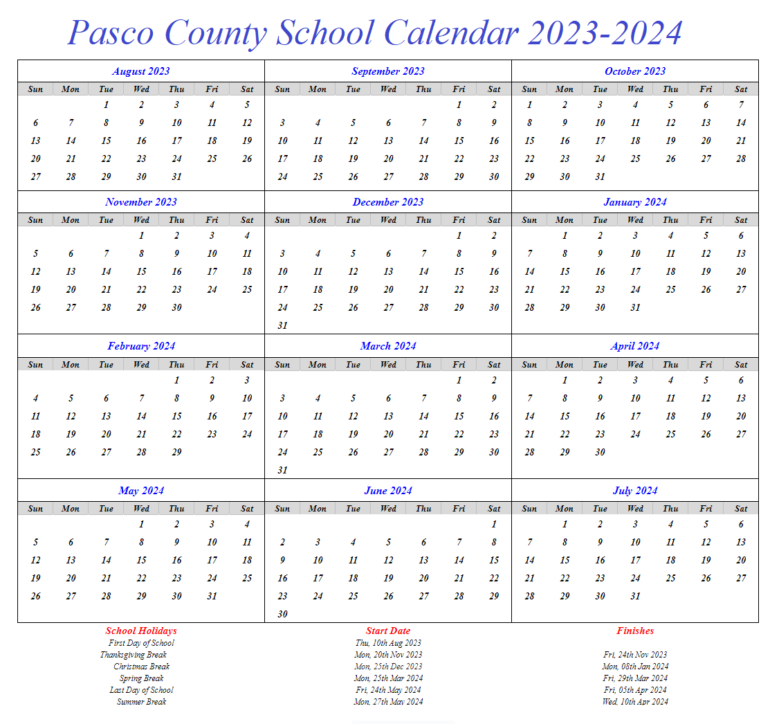 pasco county schools calendar