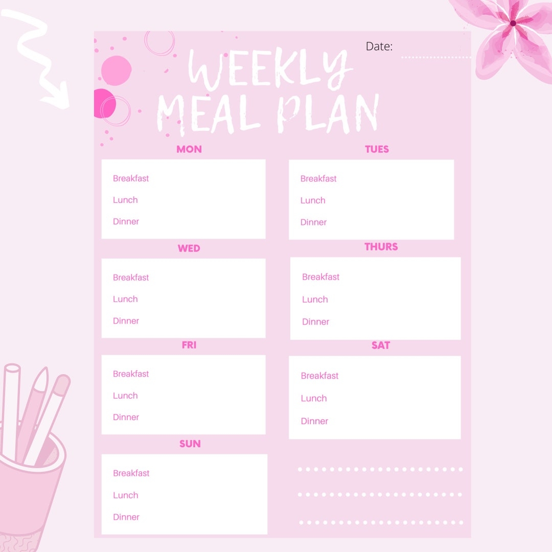 Pink Weekly Meal Plan Printable Girly Week Menu Planner Weekly Food Planner Template Family Meal Planning PDF DIGITAL DOWNLOAD Etsy