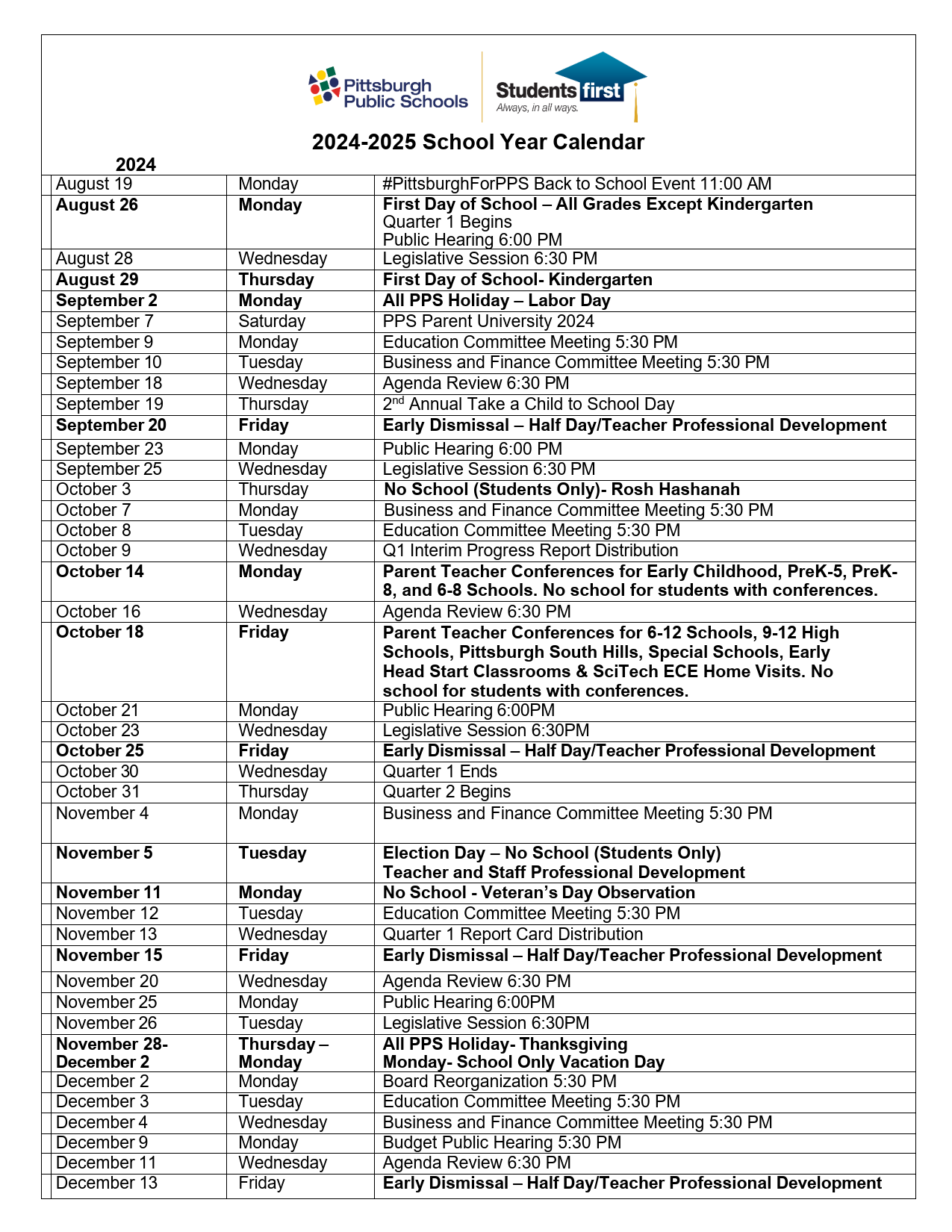 pittsburgh public schools calendar