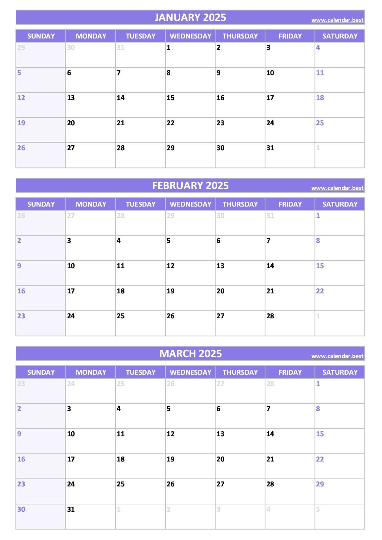 2025 q1 quarterly calendar printable