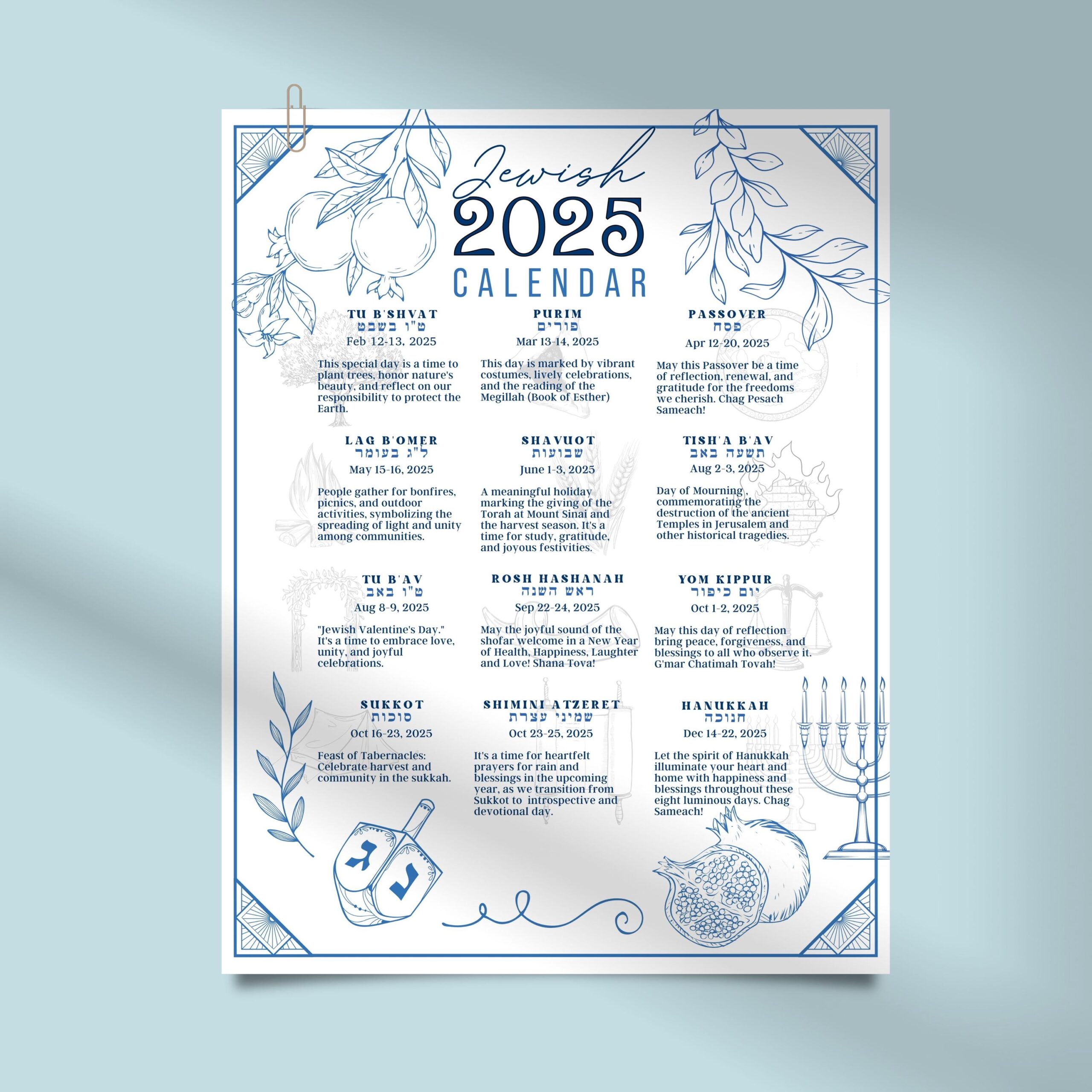 Printable 2025 Jewish Holiday Calendar Etsy