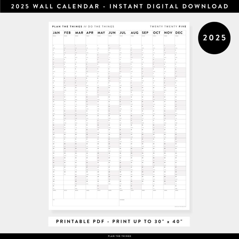 PRINTABLE 2025 Wall Calendar Digital PDF Instant Download 2025 Wall Planner Monthly Planner 2025 Year Planner vertical Gray Etsy