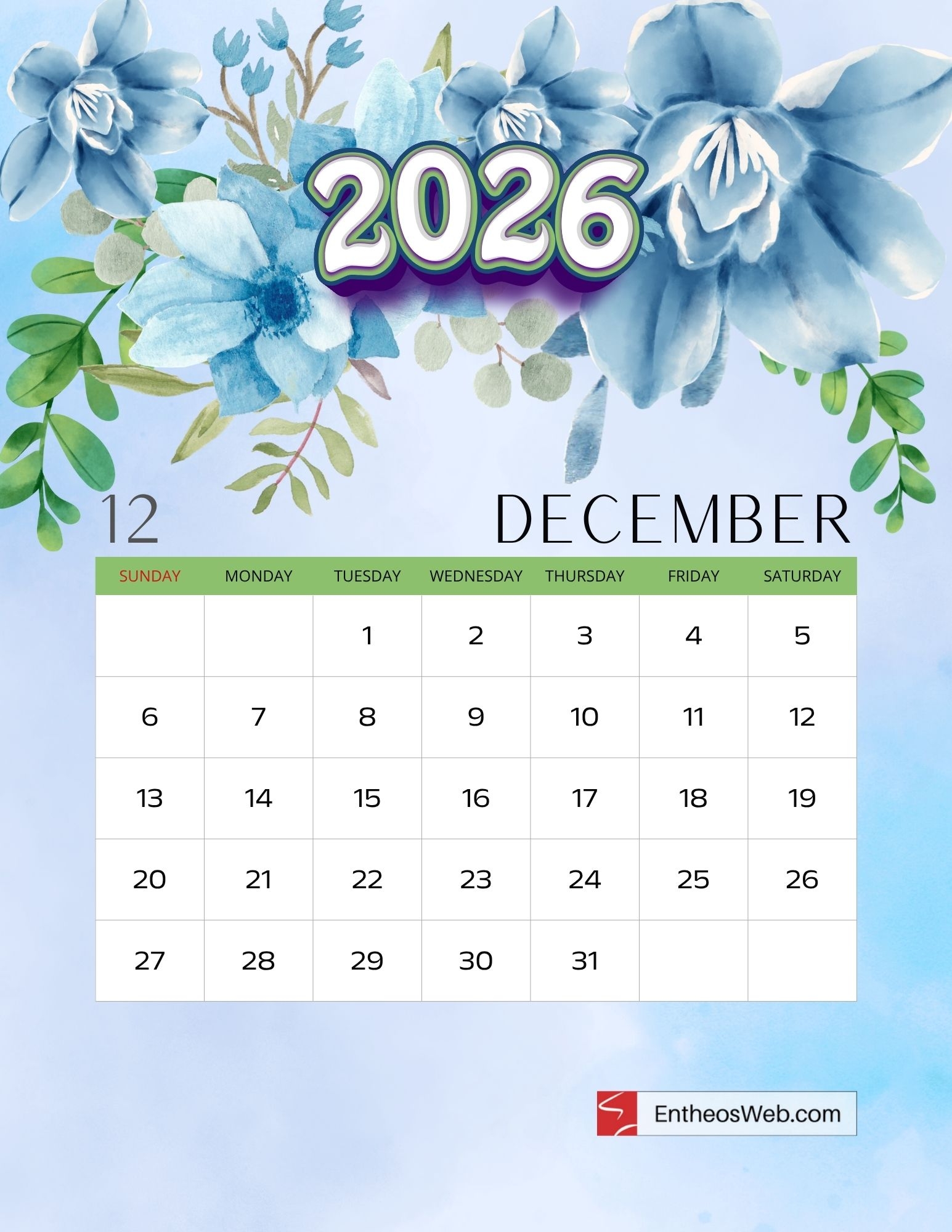 December 2026 Floral Calendar Printable