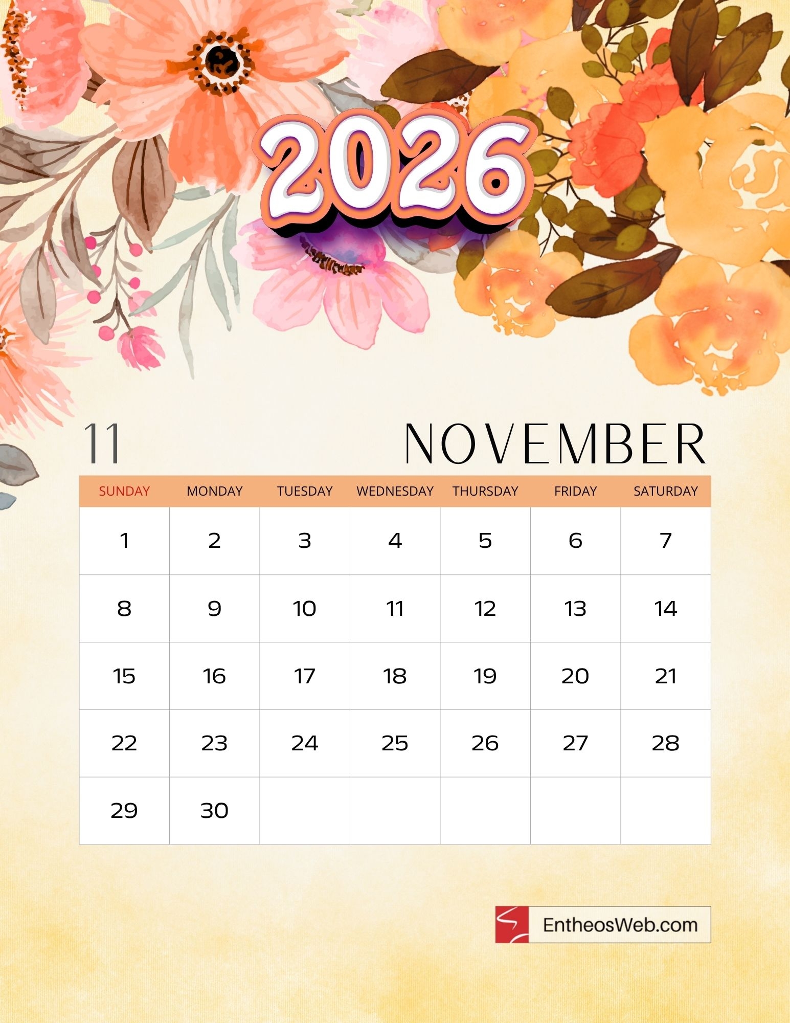 November 2026 Floral Calendar Printable