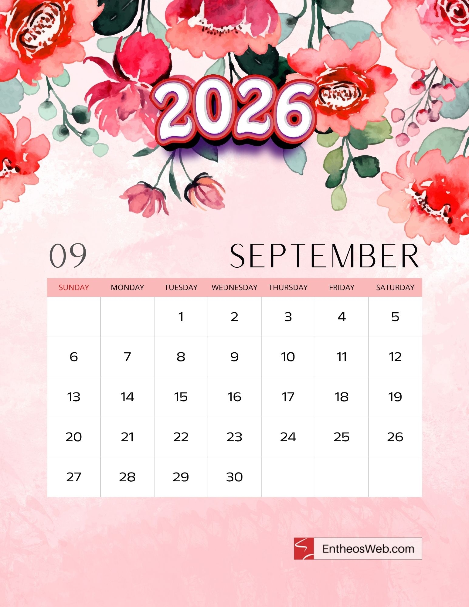 September 2026 Floral Calendar Printable