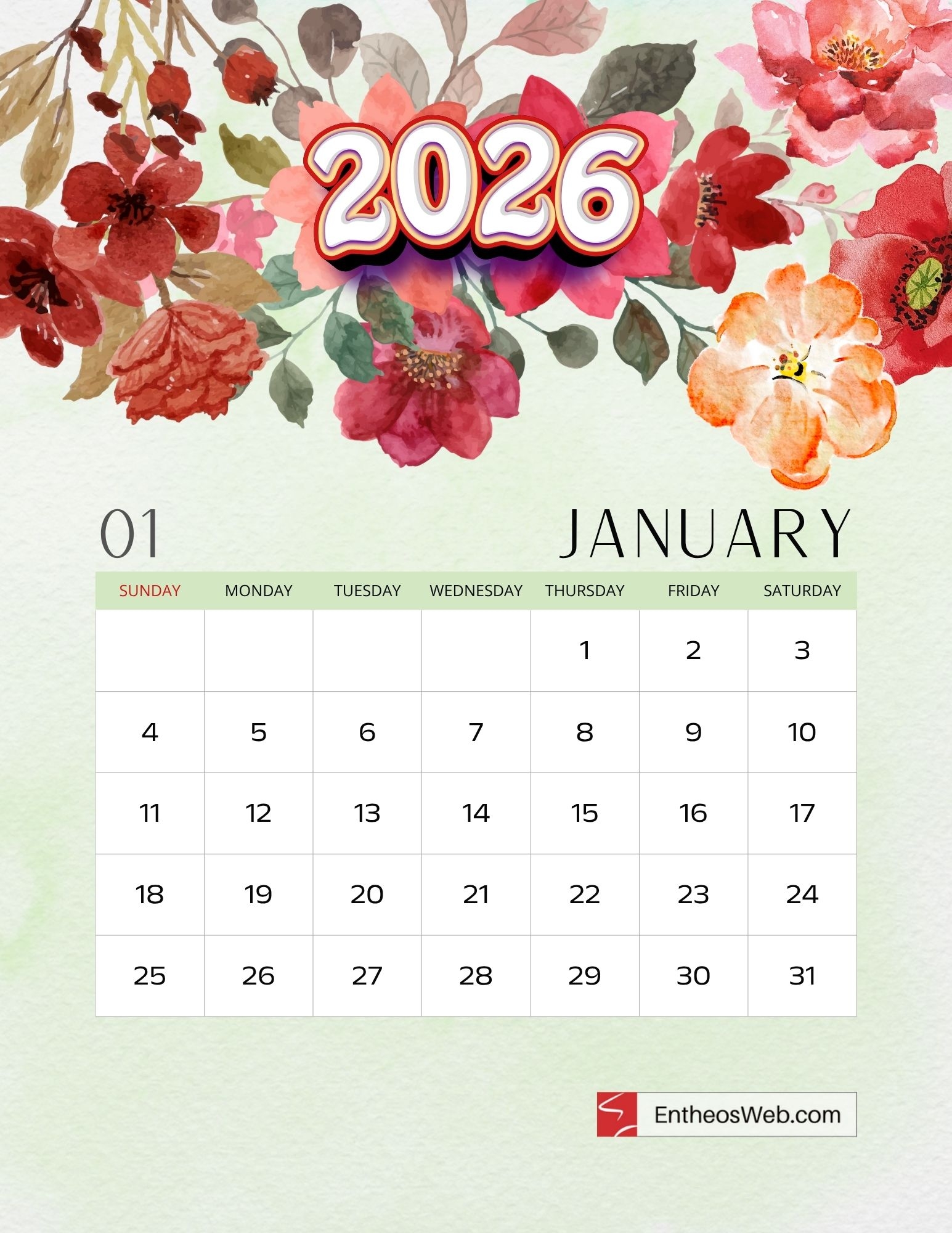 2026 Yearly Calendar Floral Style