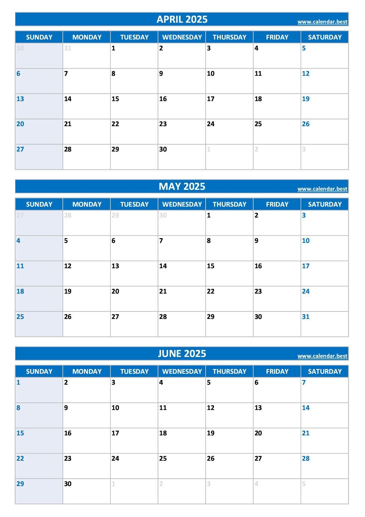 April to June 2025 Calendar