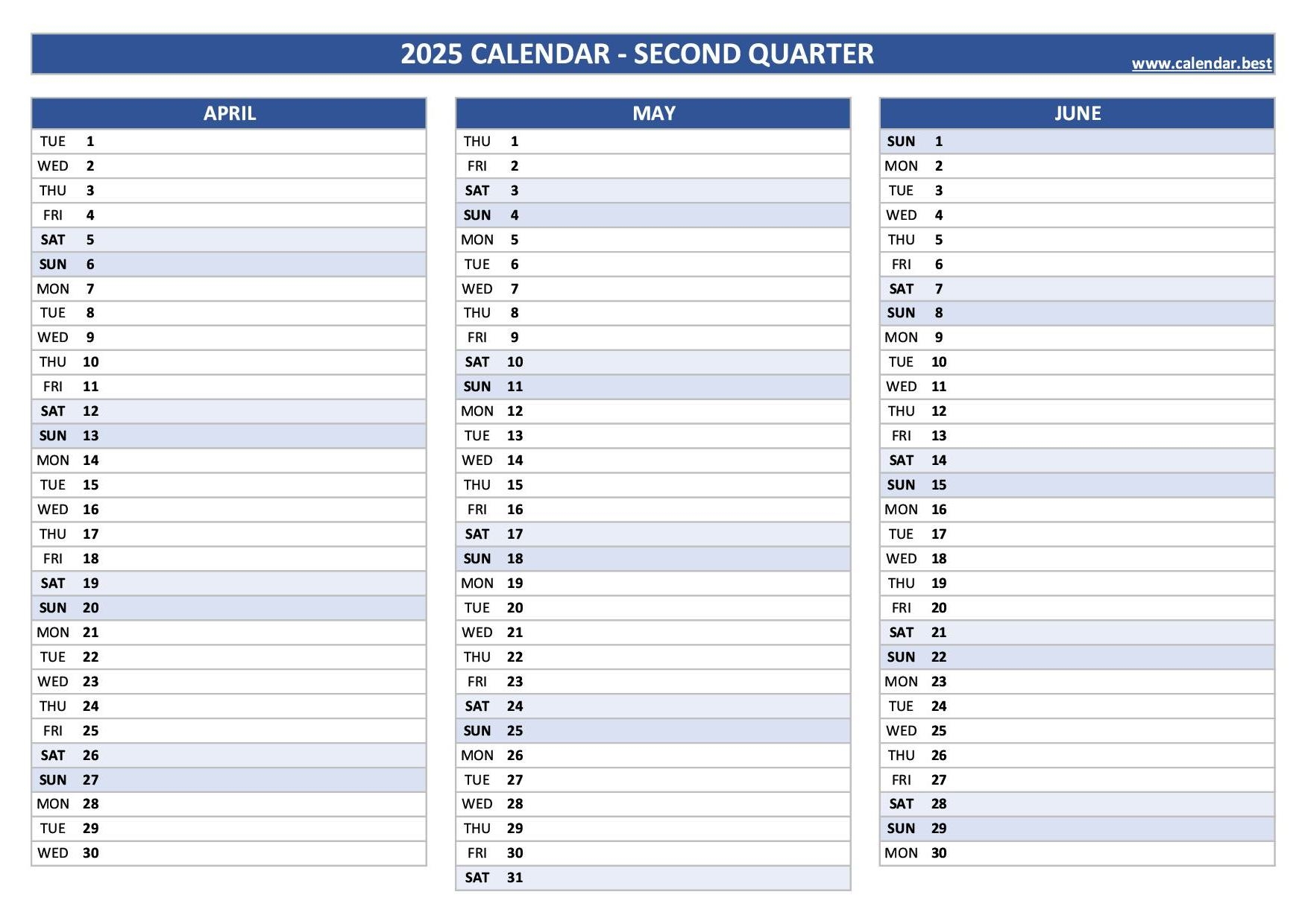 Printable 2nd Quarter 2025 Calendar
